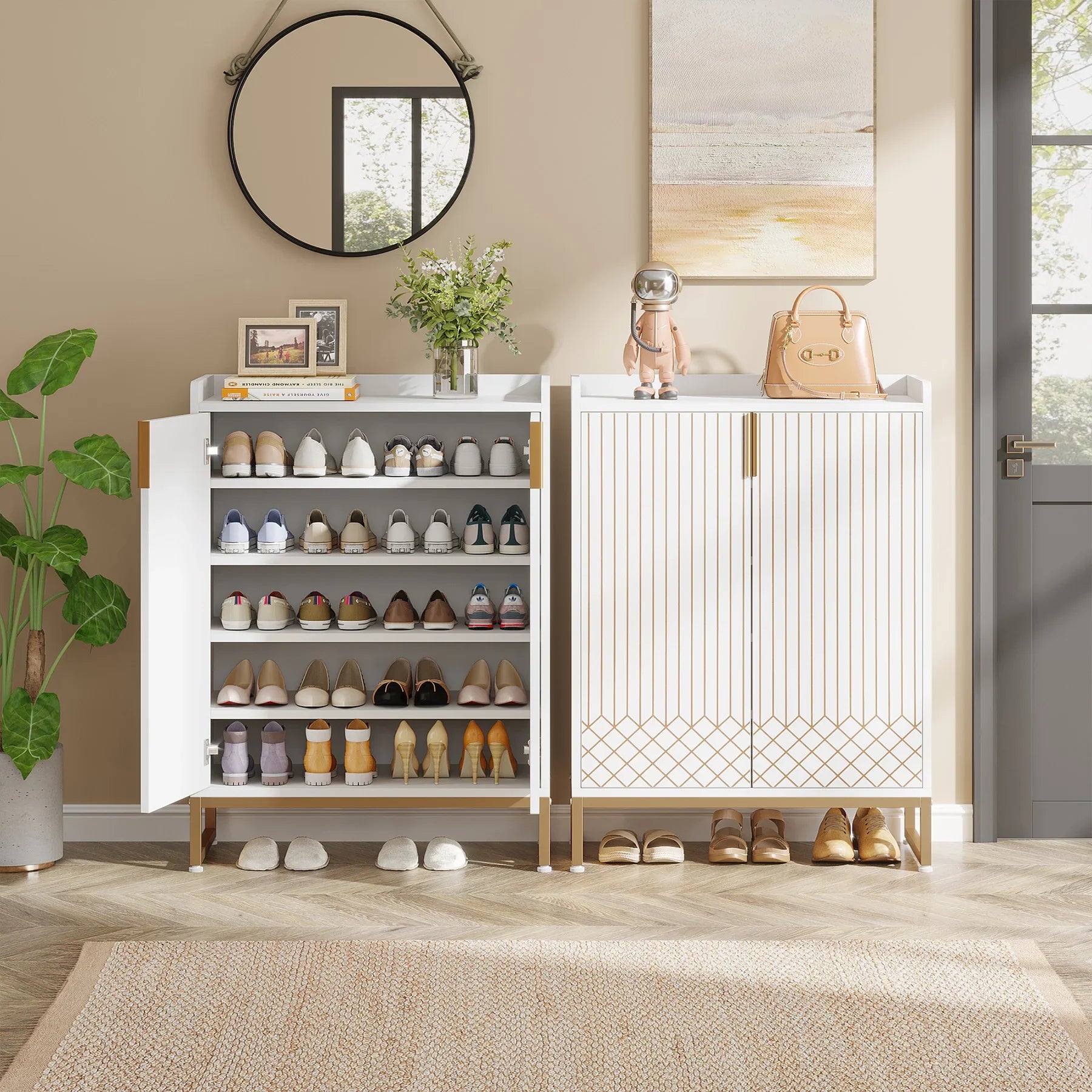 White Gold-Accent Shoe Cabinet with Doors for Entryway — 5-Tier Storage