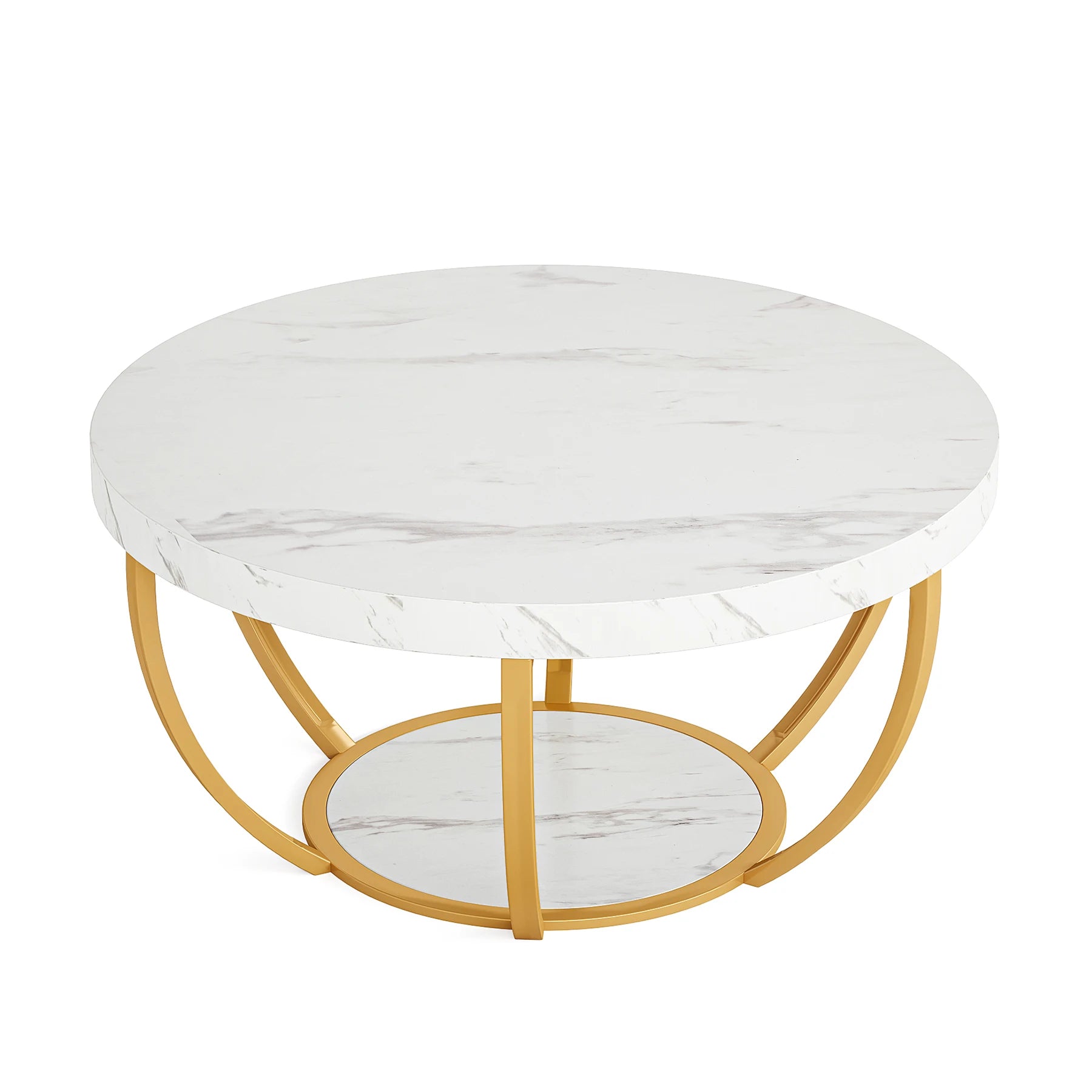Round Industrial Coffee Table with Storage Shelf for Living Room — 31.7" Oak