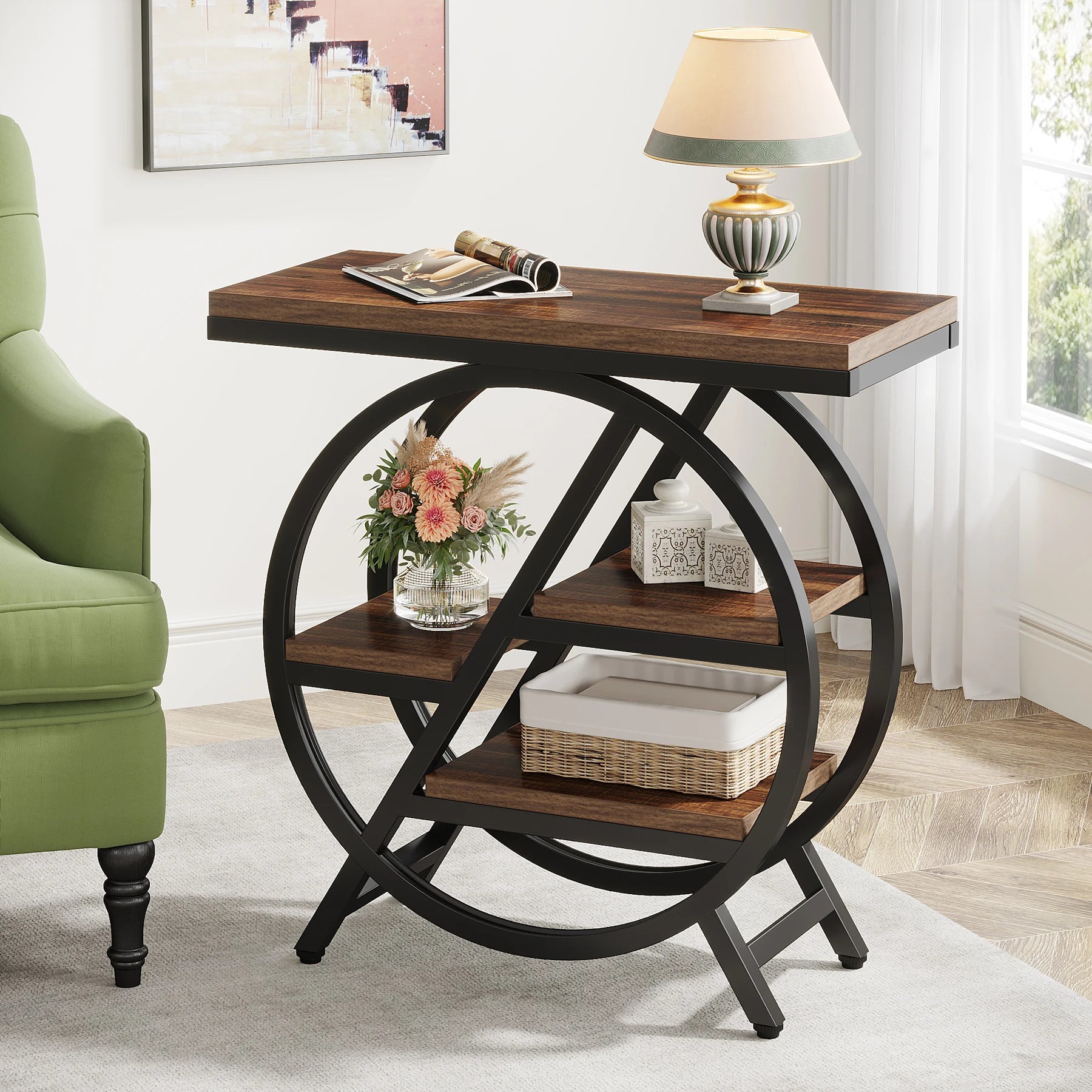 Rustic Wood 3-Tier Side Table with Round Metal Frame for Living Room — Narrow
