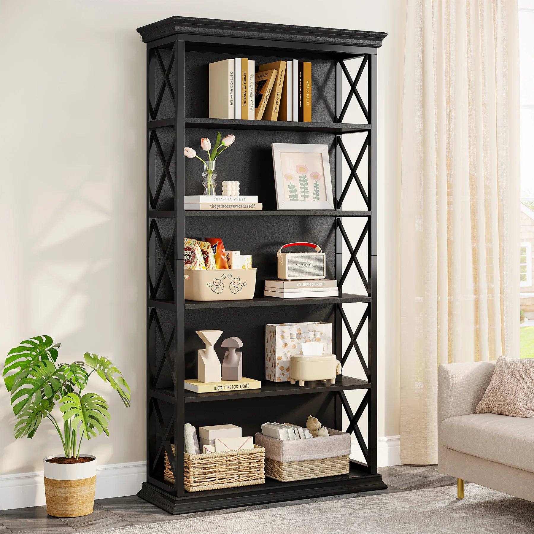 Industrial 6-Tier Bookcase with X-Frame for Living Room — 71in Tall Open Bookshelf