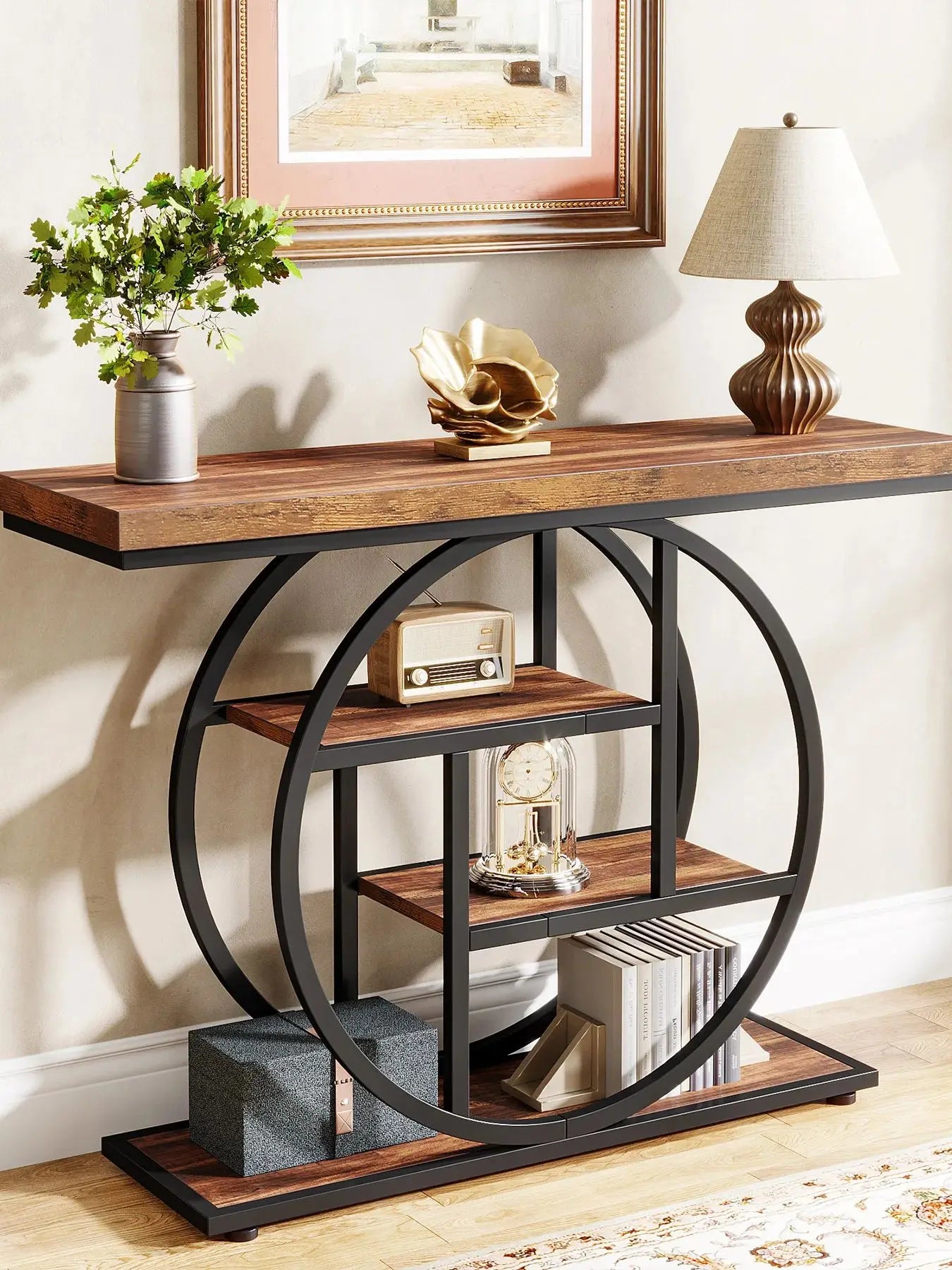 Rustic Wood 4-Tier Console Table with Round Metal Frame for Entryway — 41.3in