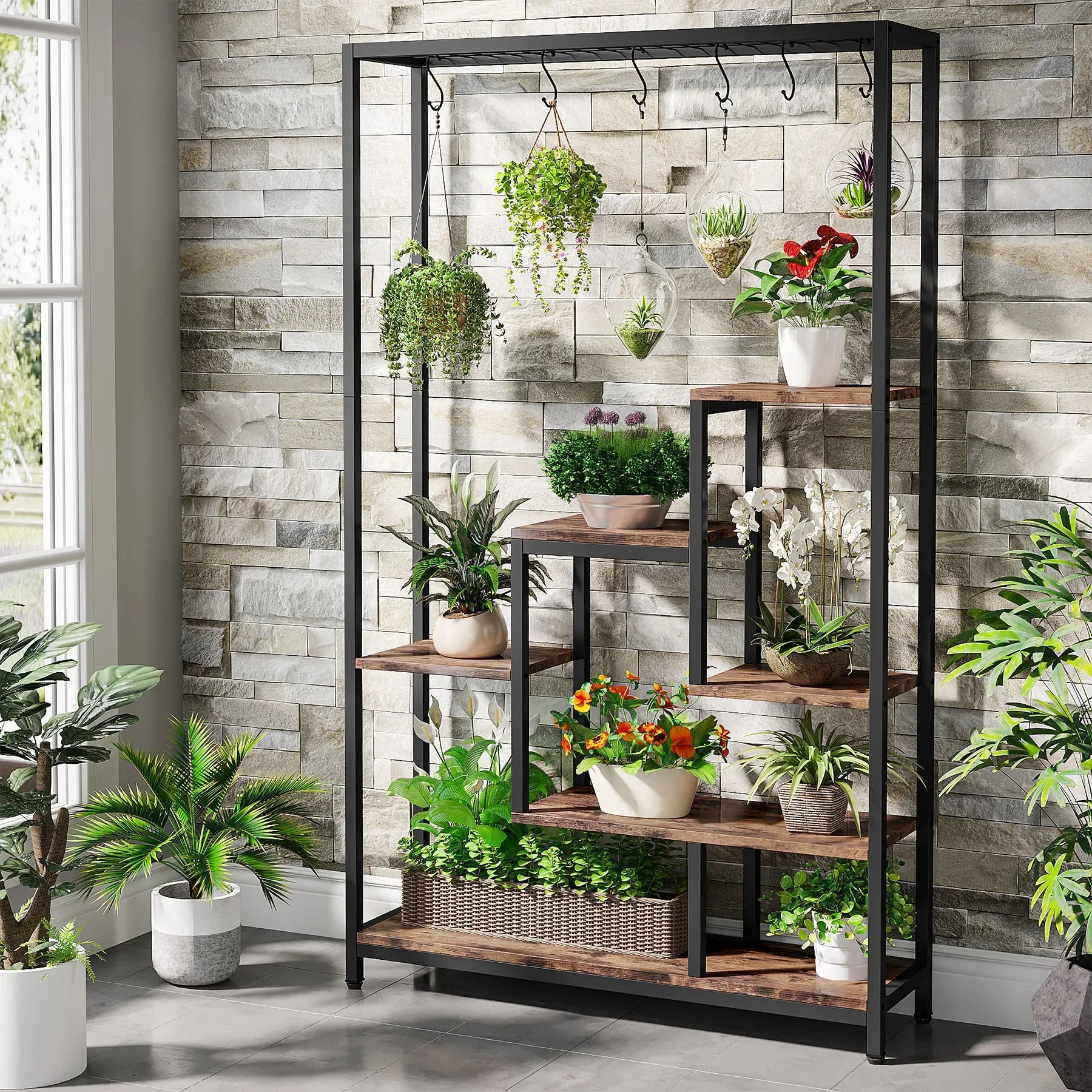 Industrial Metal Plant Stand with Hanging Hooks for Living Room — 5-Tier, 70.9in Tall