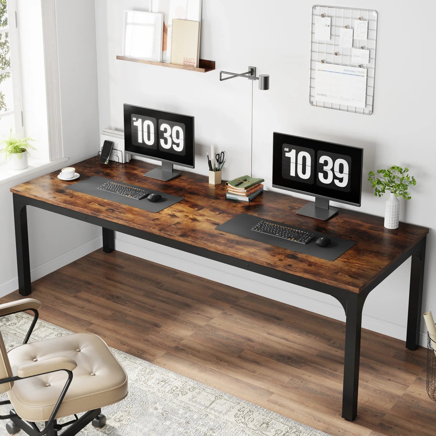 Industrial Wood Computer Desk with Steel Frame for Two-Person Home Office — 78.7"