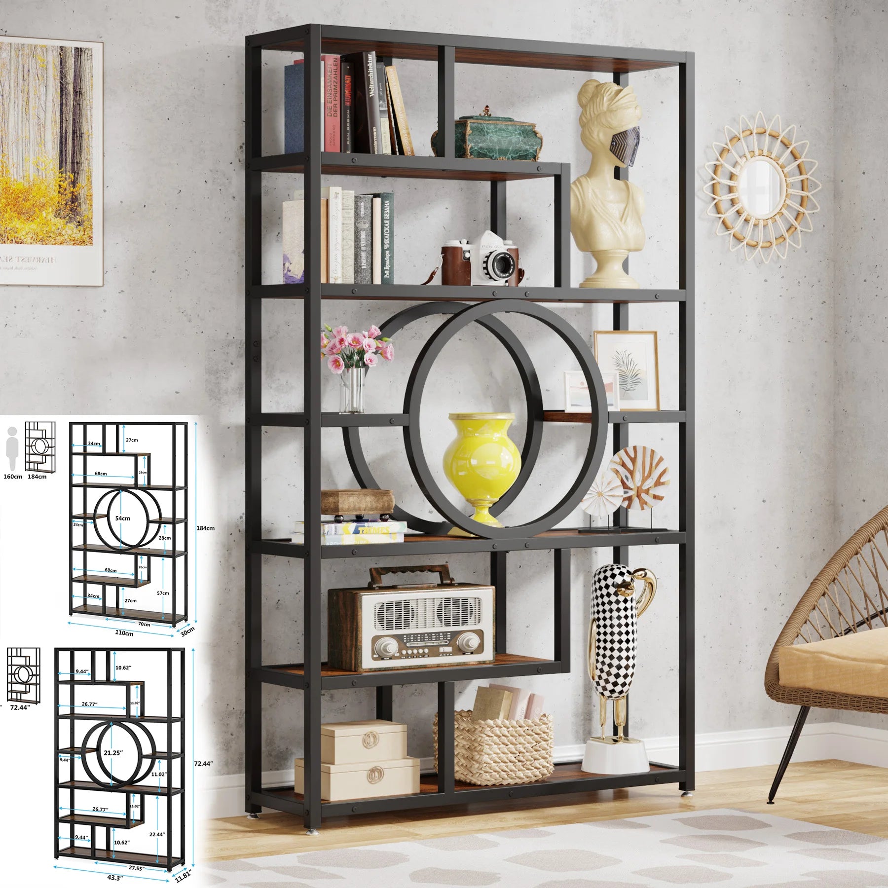 Industrial Etagere Bookcase with Curved Arc for Living Room — 71" Tall Freestanding
