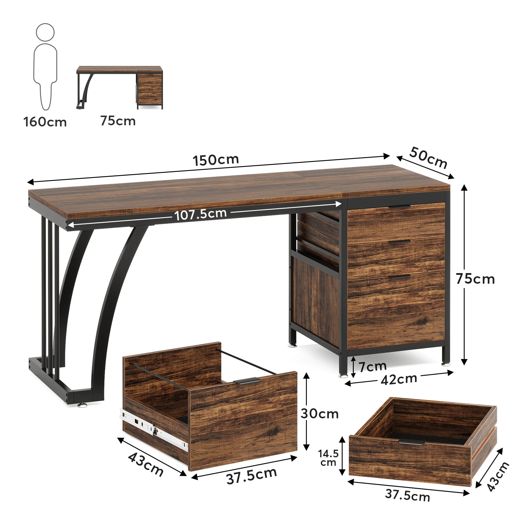 Industrial Computer Desk with 3 Drawers for Home Office — 59in Writing Table