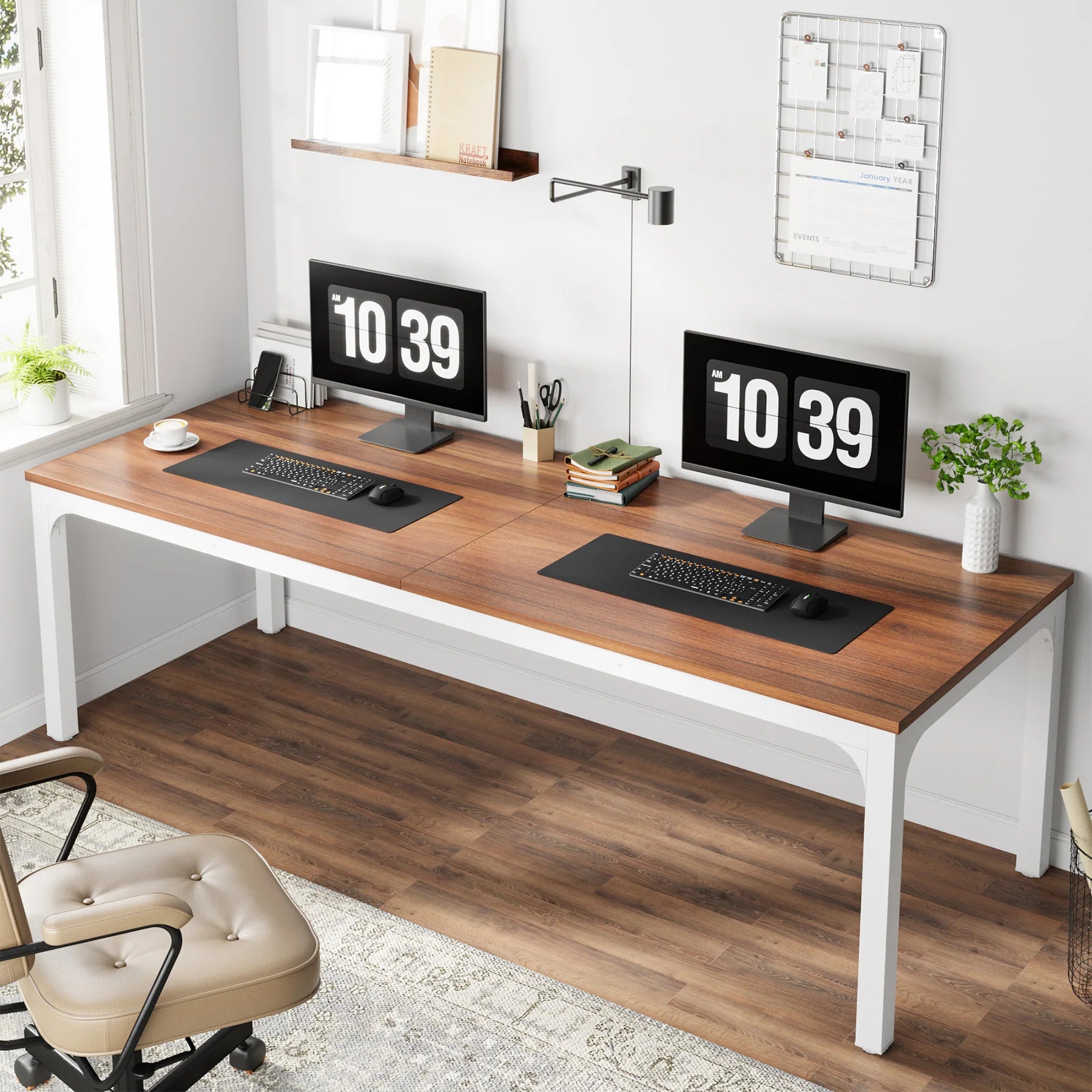 Industrial Wood Computer Desk with Steel Frame for Two-Person Home Office — 78.7"