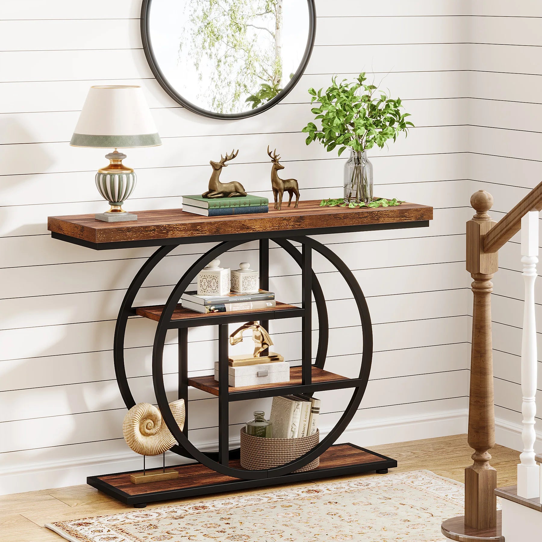 Rustic Wood 4-Tier Console Table with Round Metal Frame for Entryway — 41.3in