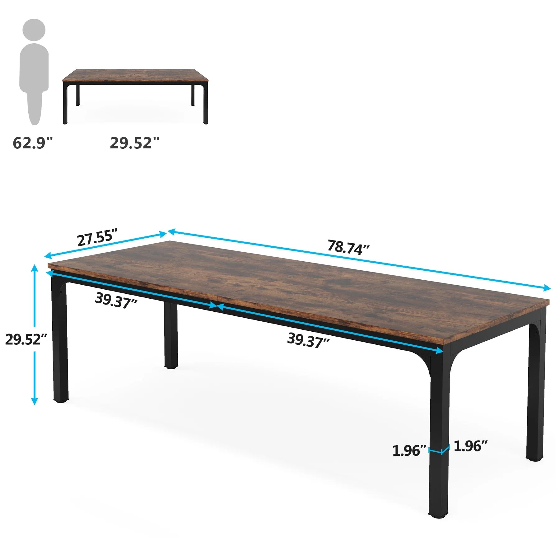 Industrial Wood Computer Desk with Steel Frame for Two-Person Home Office — 78.7"