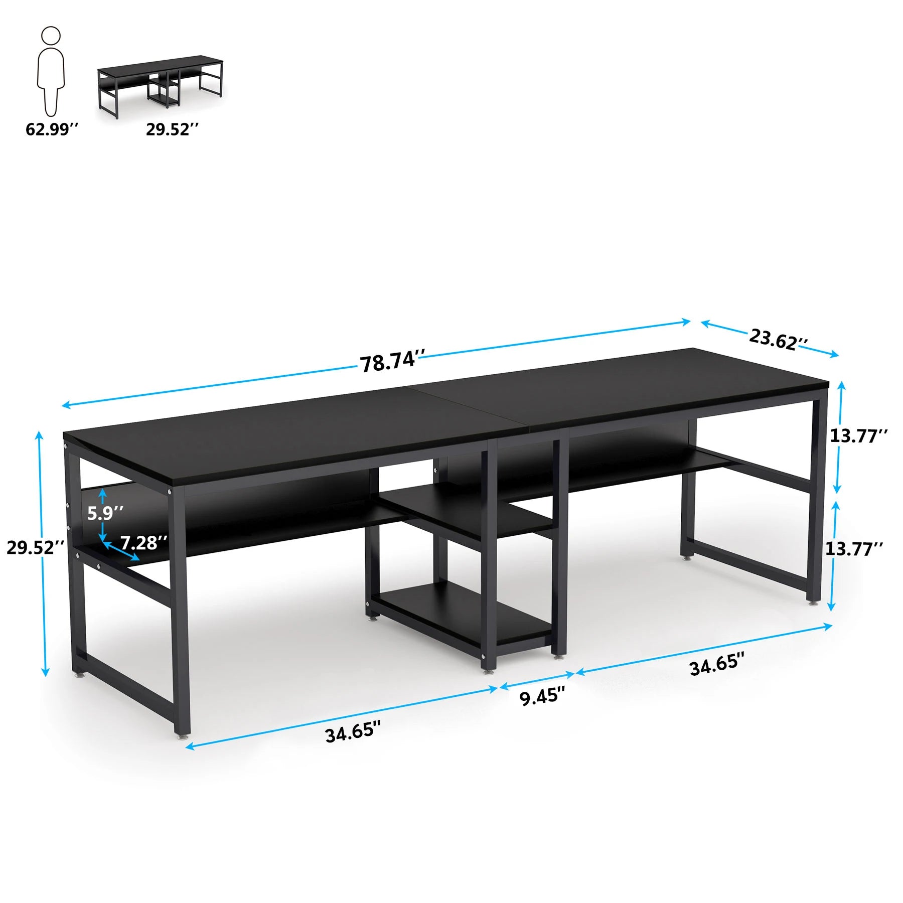 Rustic Two-Person Desk with Bookshelf for Home Office — 78.7in Double Workstation