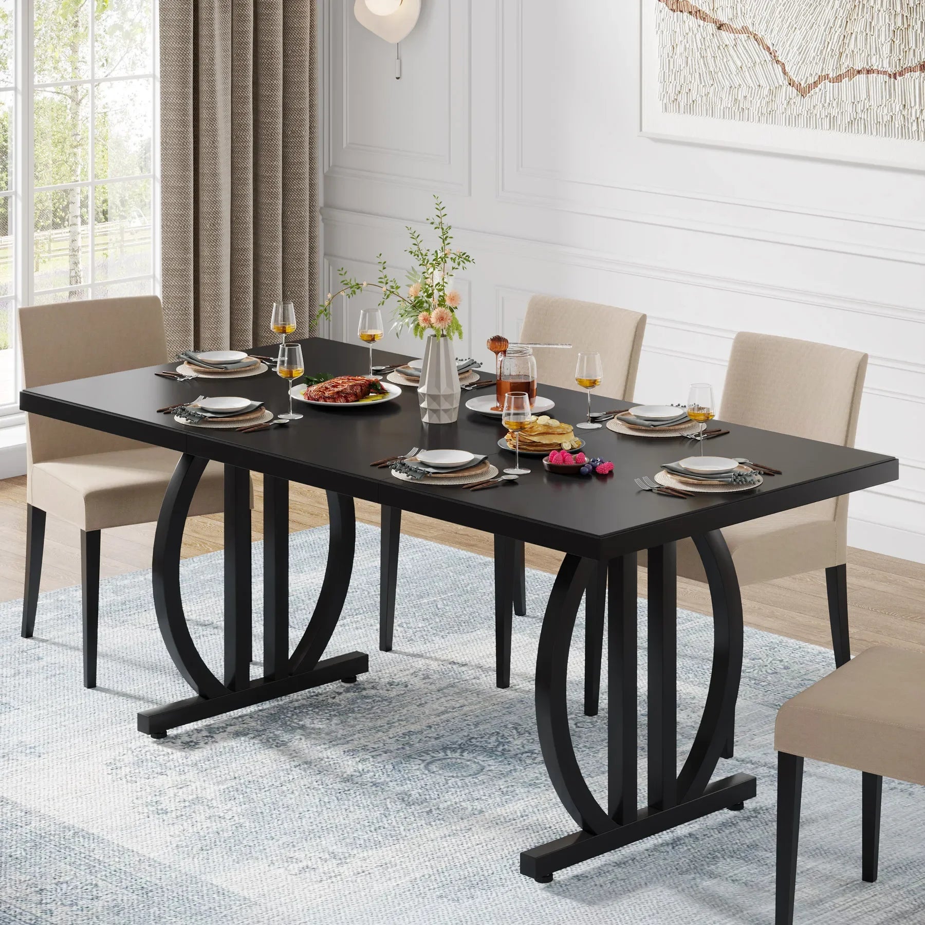 Modern Black 63" Dining Table with Curved Metal Pedestal Base for Kitchen — Seats 6