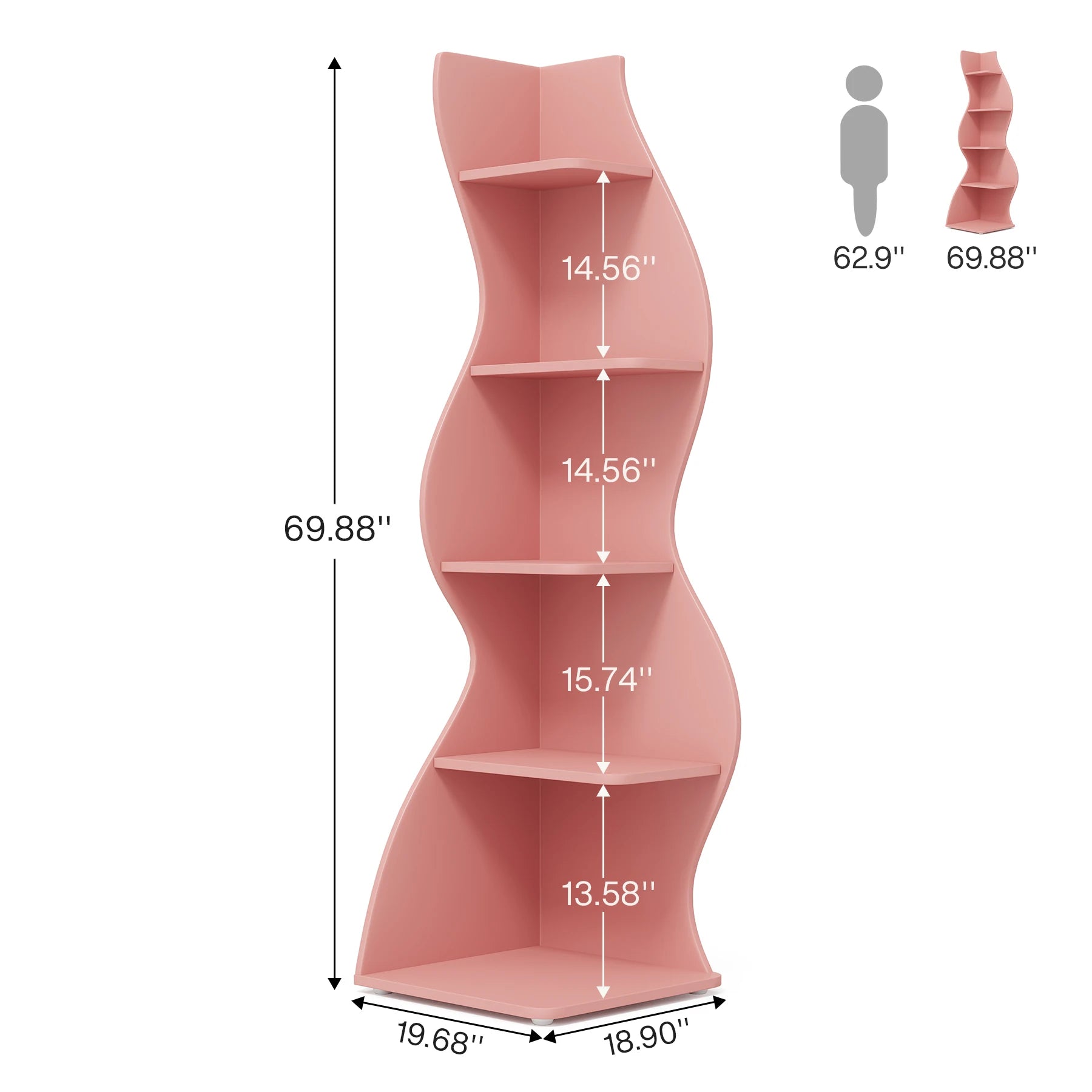 White Wave 5-Tier Corner Bookshelf with Curved Silhouette for Living Room — 65"H Floor Shelf
