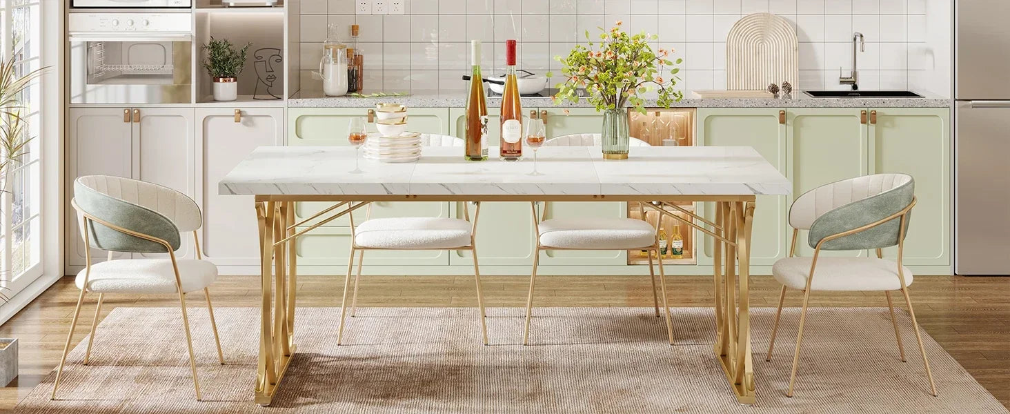 Faux Marble Dining Table with Gold Base for 4-6 People — 63"