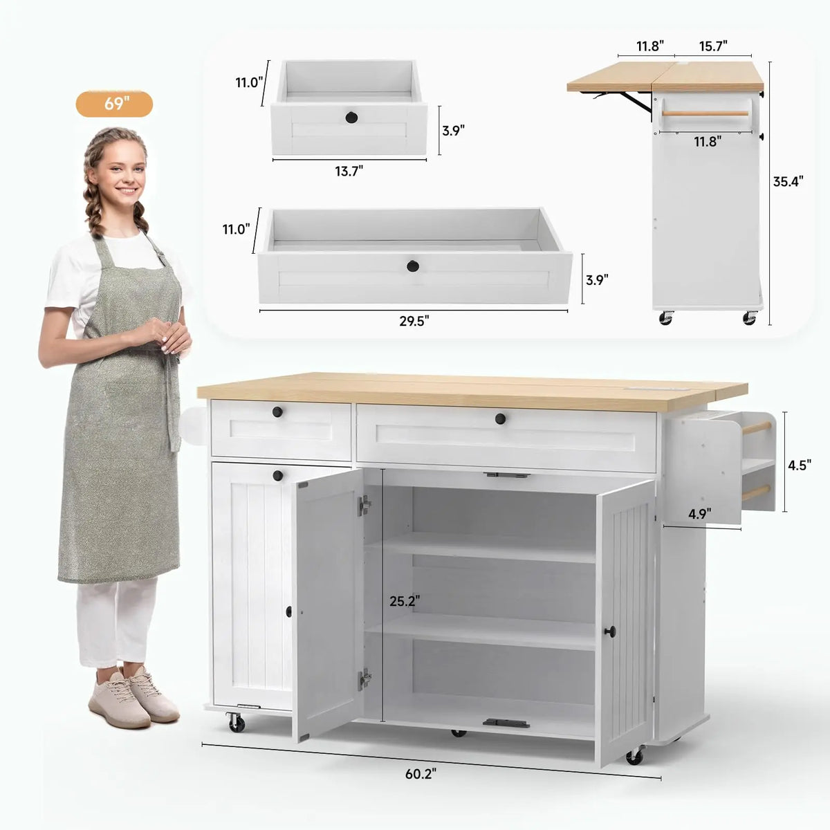 Rolling Kitchen Island, 60" Drop Leaf Cart with Power Outlet