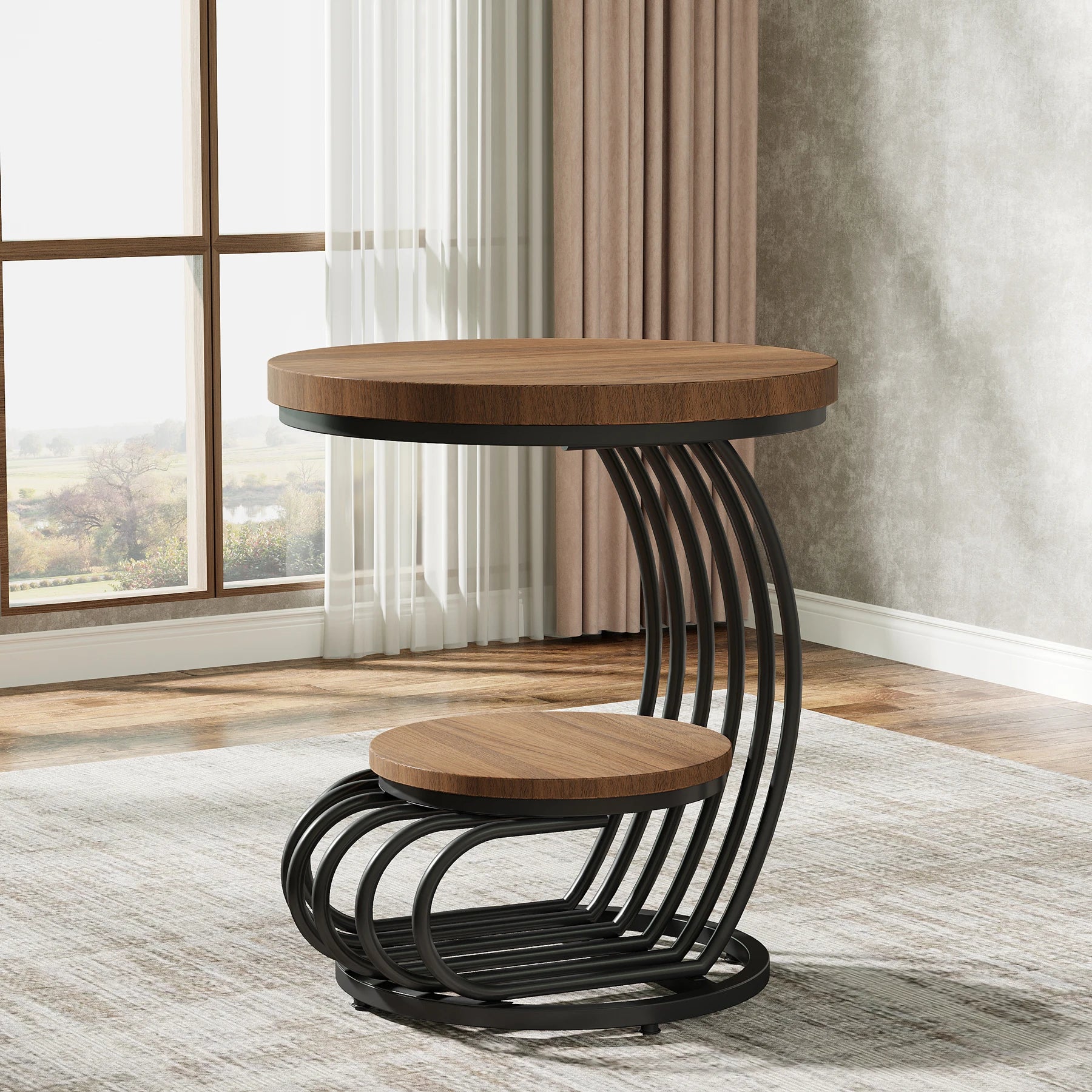 Gold Round Side Table with Faux-Marble Tiers for Living Room — 20-inch Sculptural Accent Table