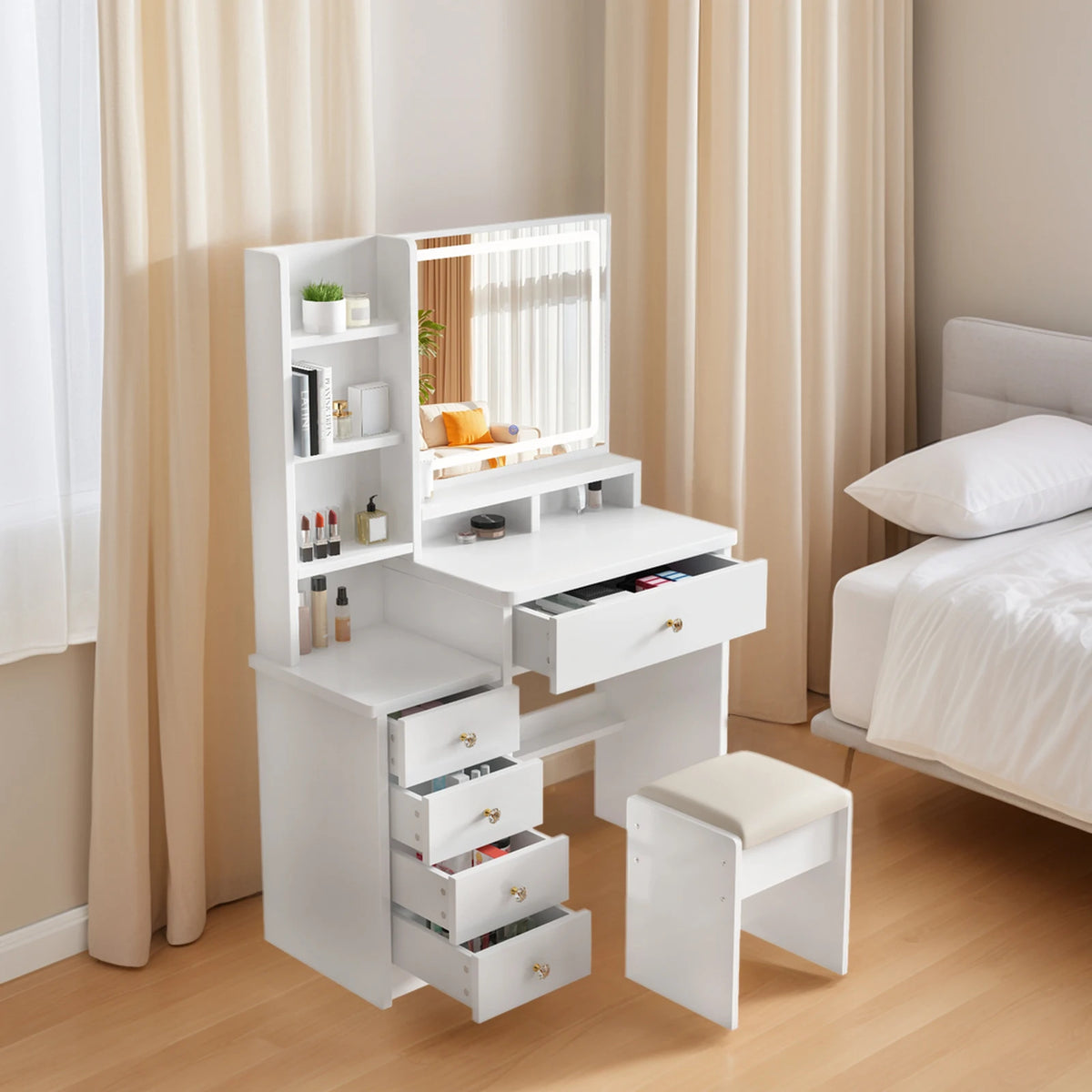 Makeup Vanity Desk with Mirror, Lights, Drawers, Stool and Shelves