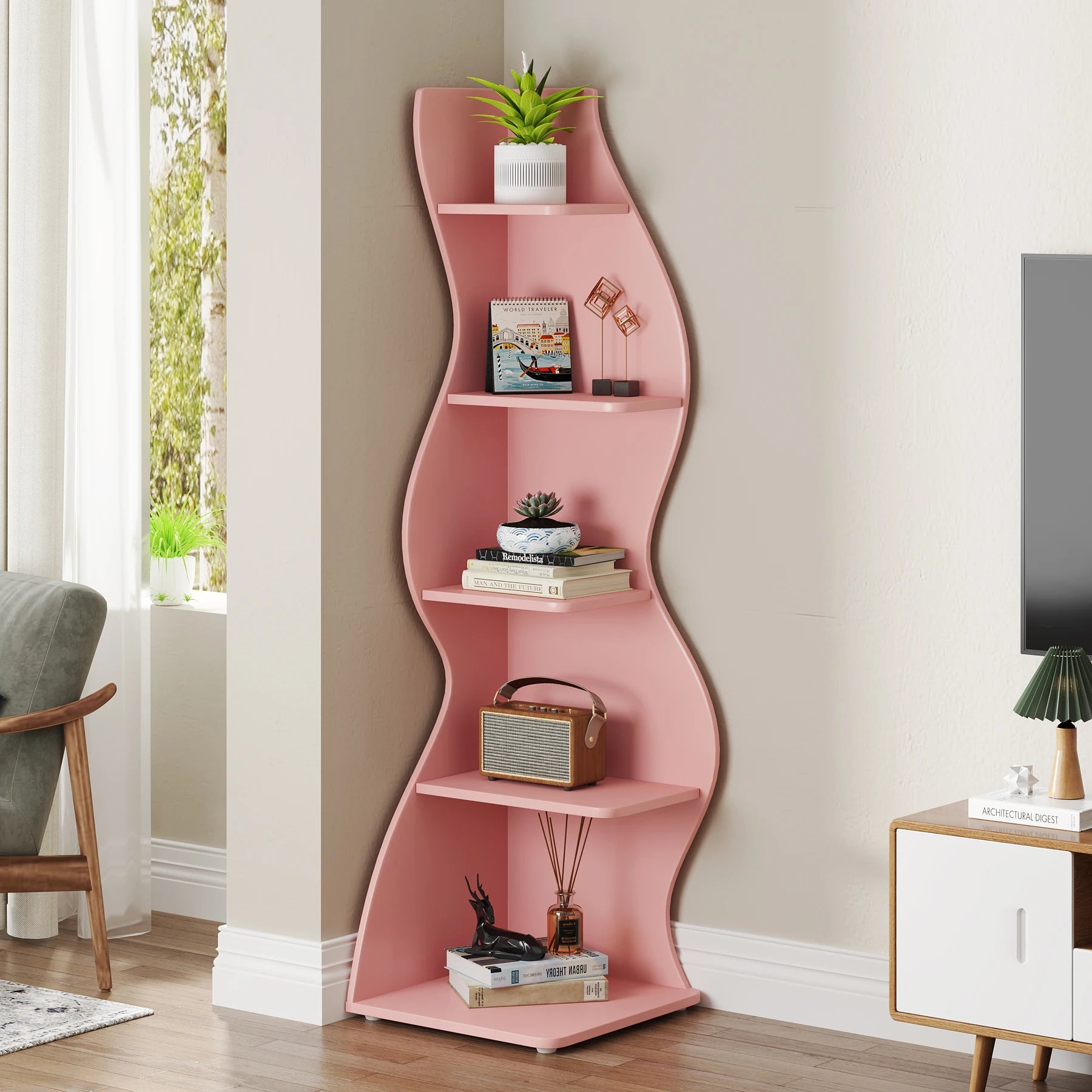 White Wave 5-Tier Corner Bookshelf with Curved Silhouette for Living Room — 65"H Floor Shelf