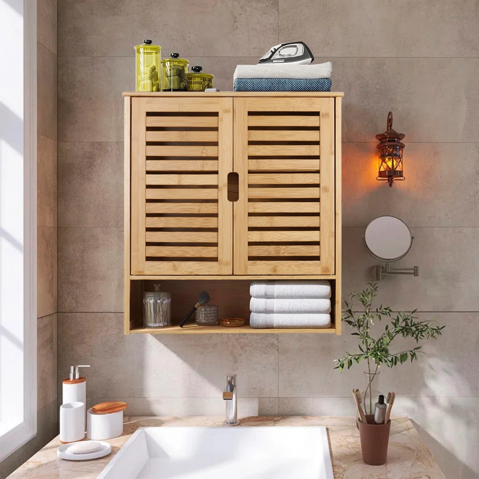 Bamboo Medicine Cabinet with Louvered Doors for Bathroom — 23.6"W Wall-Mounted Storage