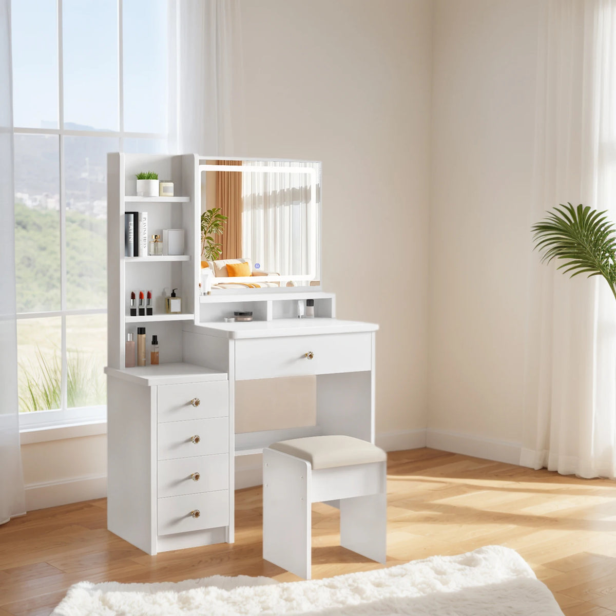Makeup Vanity Desk with Mirror, Lights, Drawers, Stool and Shelves