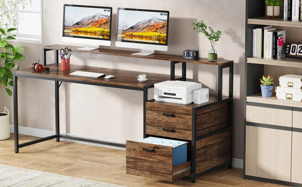 Industrial Computer Desk with File Drawer Cabinet and Monitor Stand for Home Office — 63"