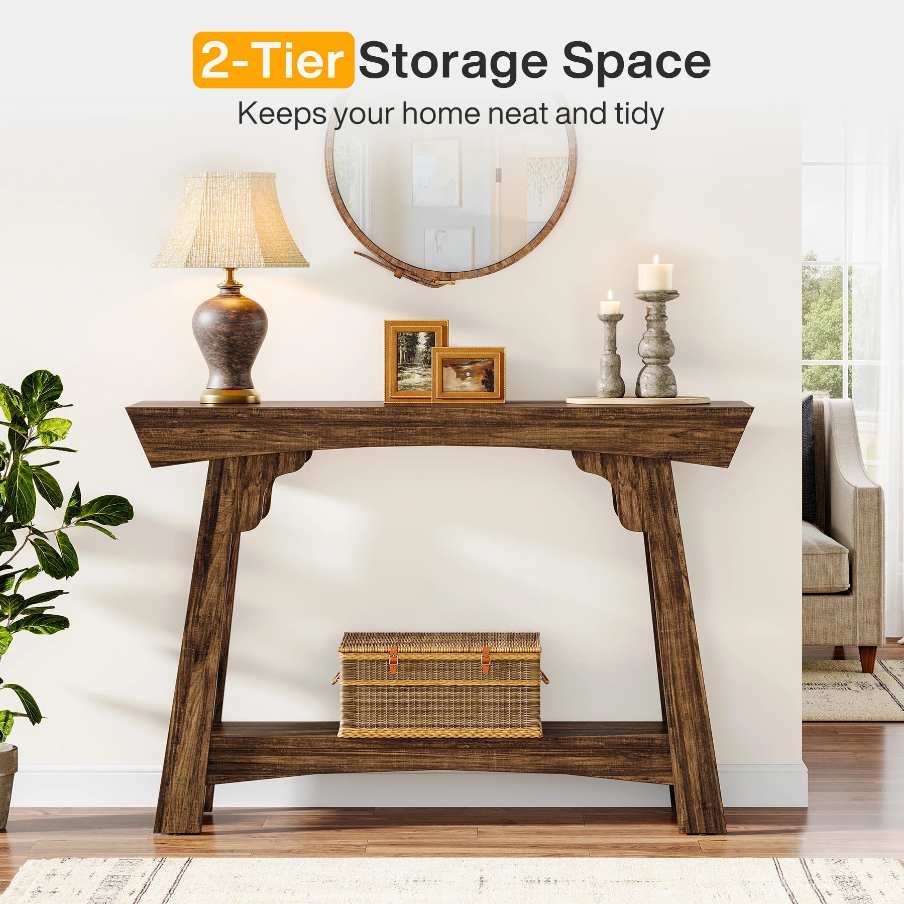 Rustic Wood Console Table with Storage Shelf for Entryway — 41" Narrow