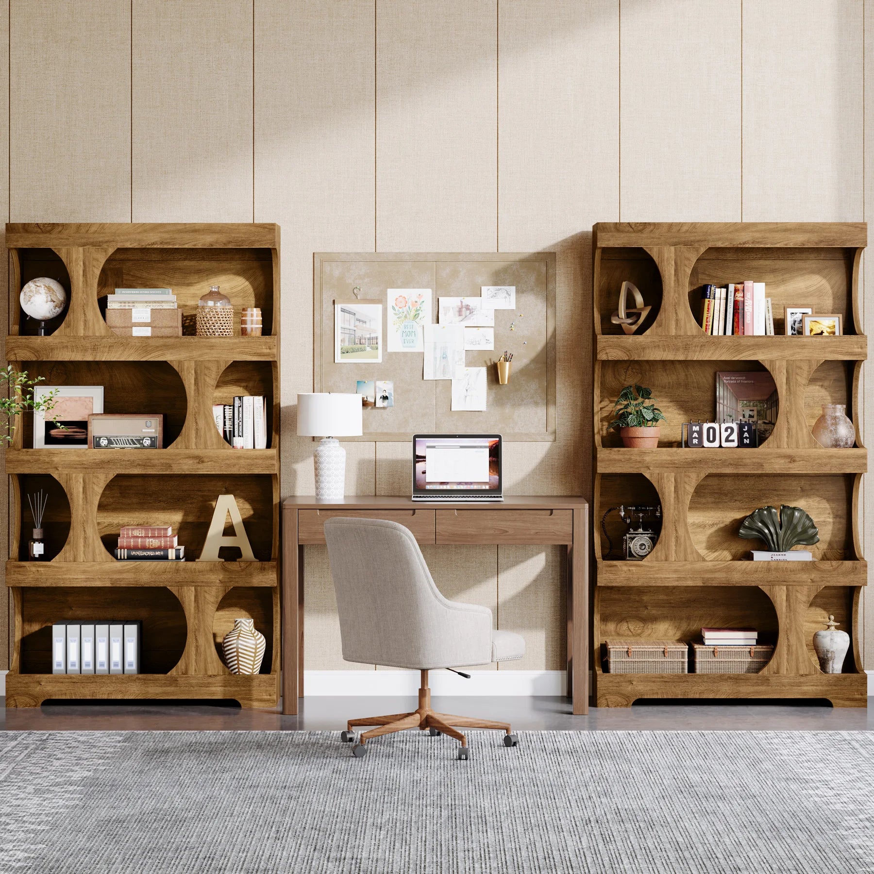 Two-Tone Curved Bookcase with Sculptural Cutout Shelves for Living Room — 71" Tall, 4 Tiers