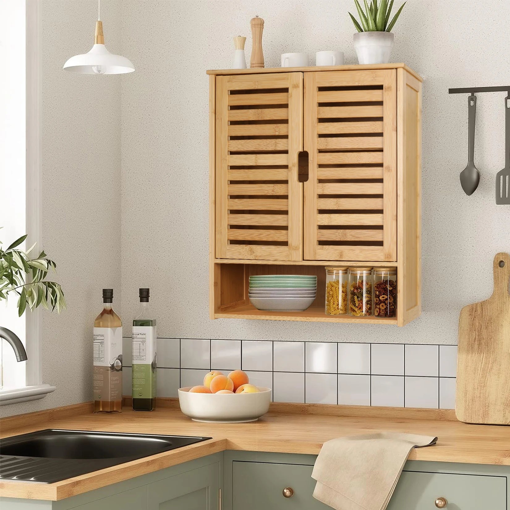 Bamboo Medicine Cabinet with Louvered Doors for Bathroom — 23.6"W Wall-Mounted Storage