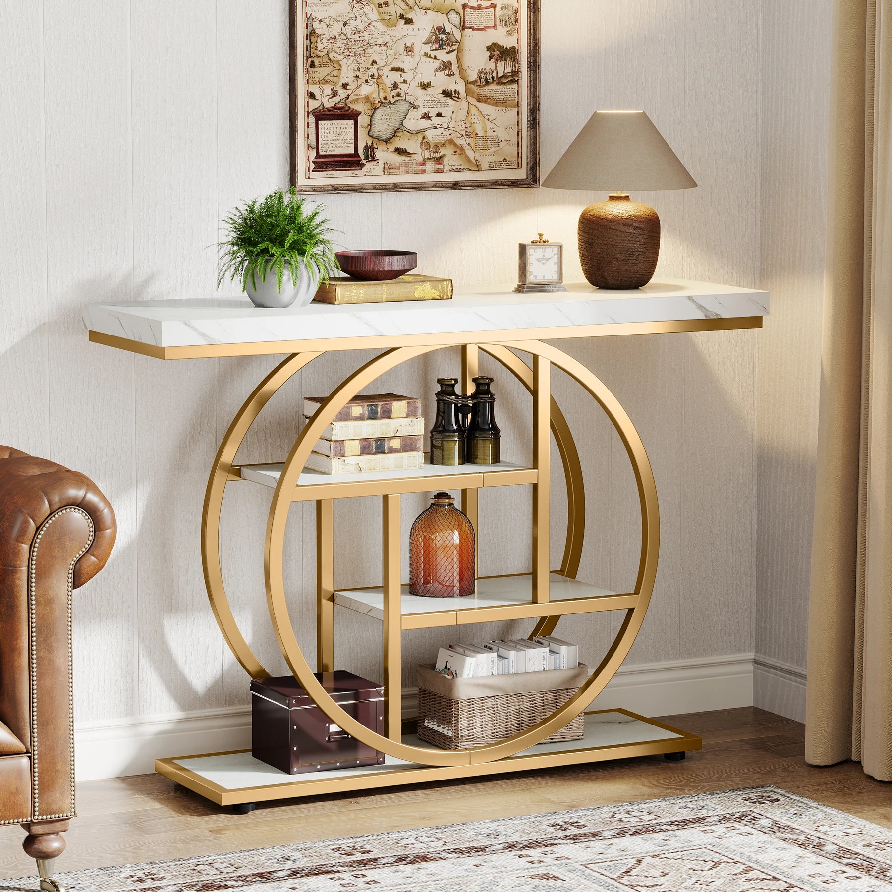 Rustic Wood 4-Tier Console Table with Round Metal Frame for Entryway — 41.3in