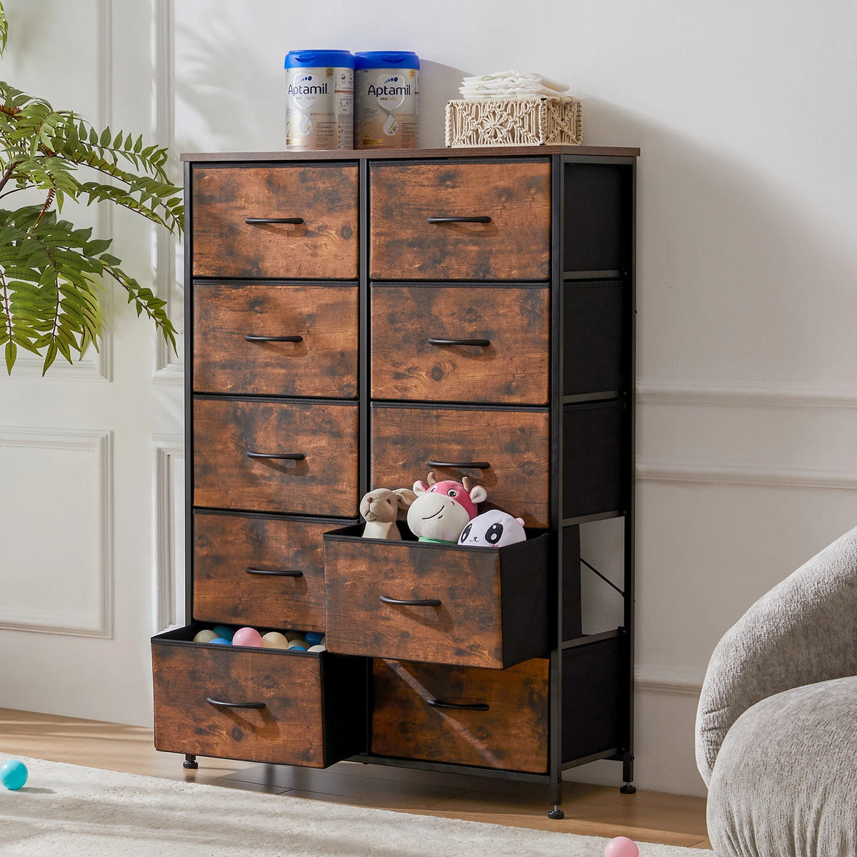 10-Drawer Fabric Dresser Storage Tower with Steel Frame