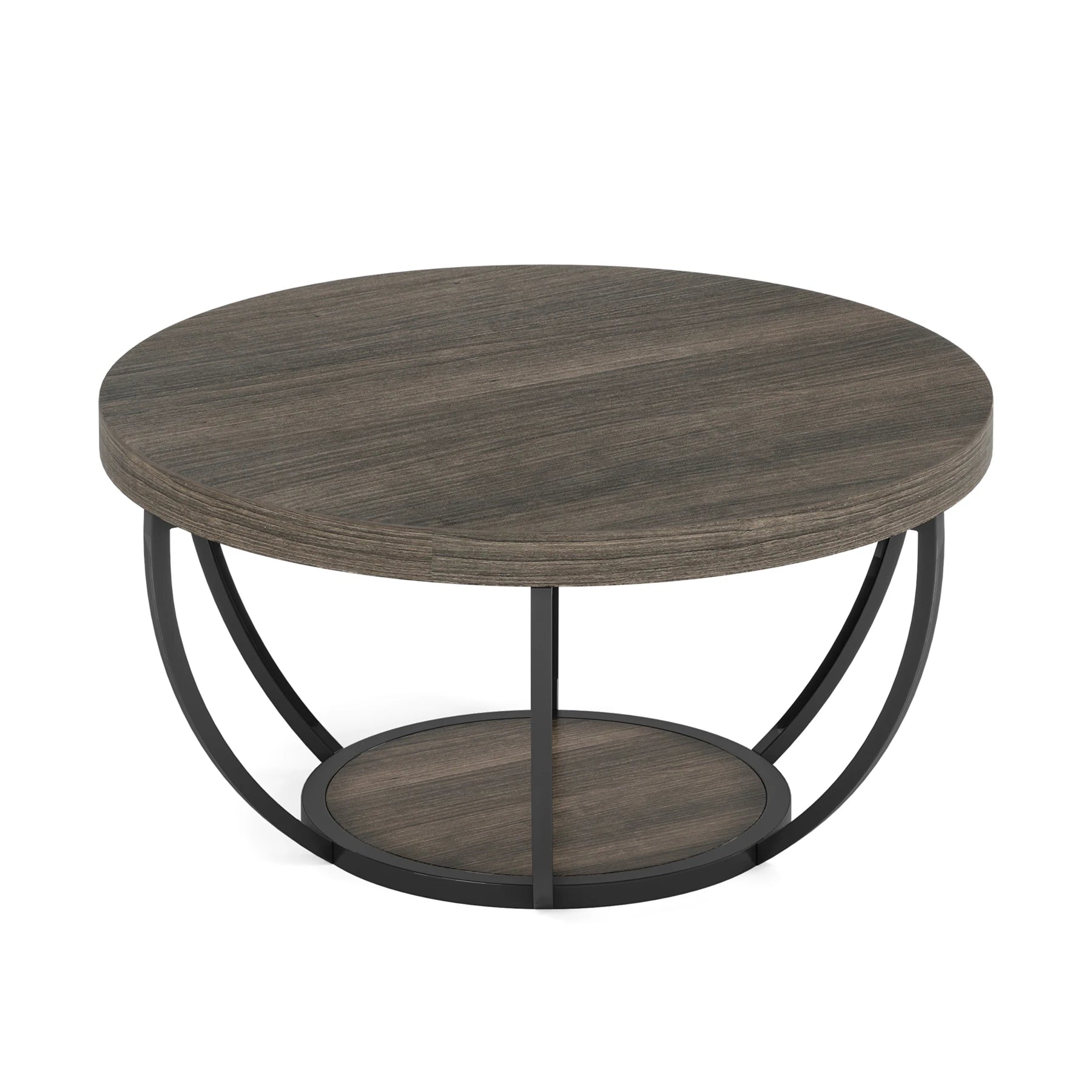 Round Industrial Coffee Table with Storage Shelf for Living Room — 31.7" Oak