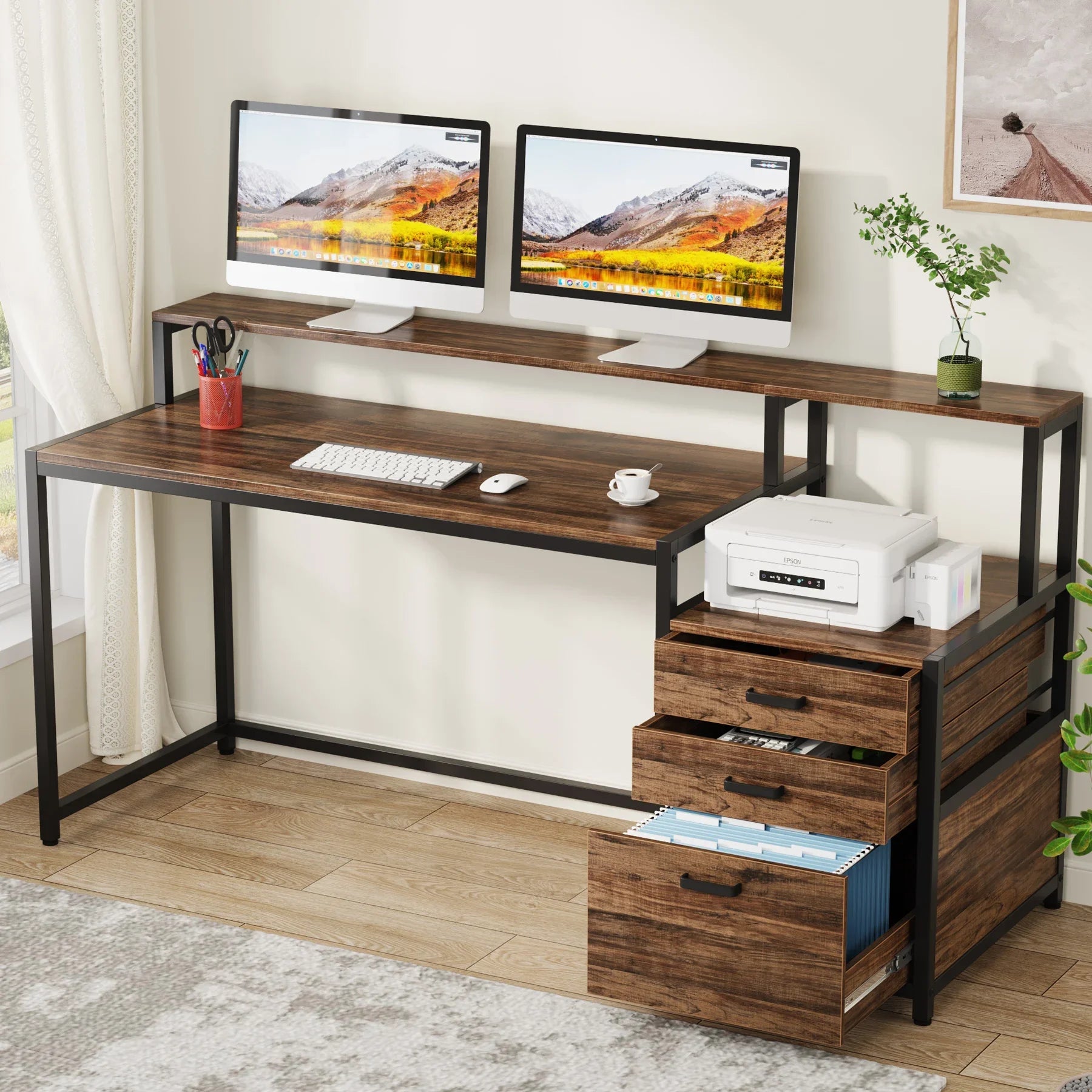 Industrial Computer Desk with File Drawer Cabinet and Monitor Stand for Home Office — 63"