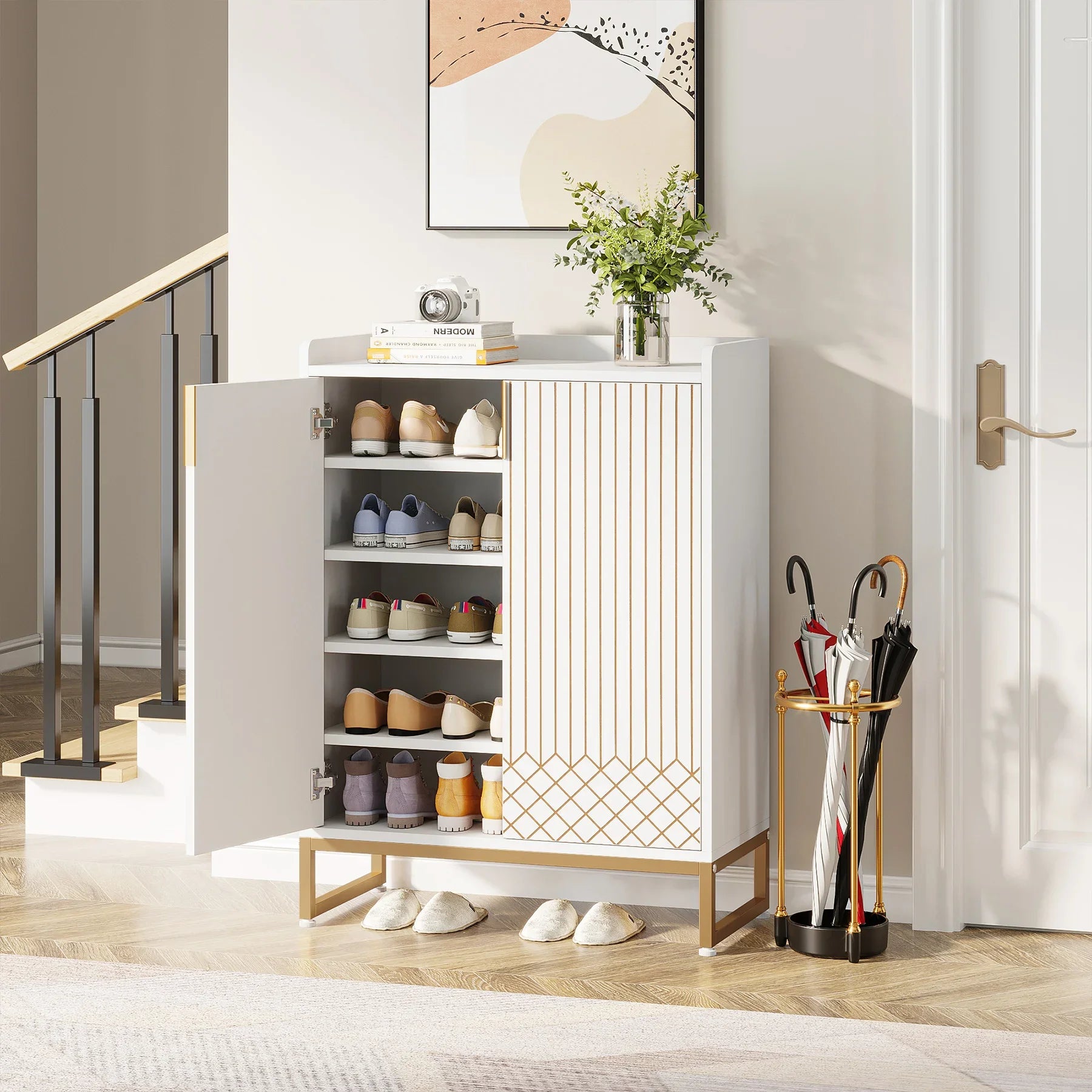 White Gold-Accent Shoe Cabinet with Doors for Entryway — 5-Tier Storage