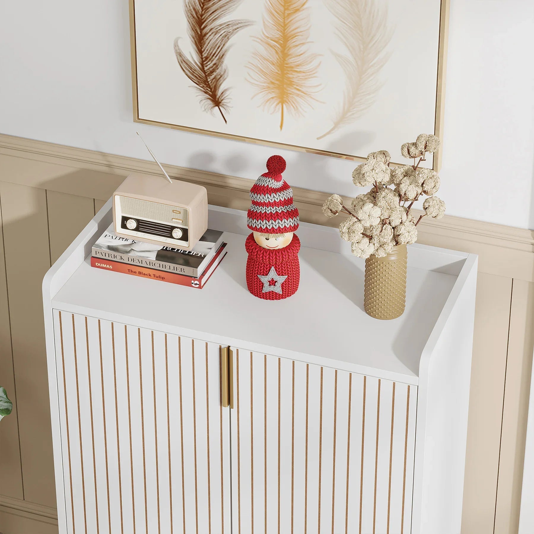 White Gold-Accent Shoe Cabinet with Doors for Entryway — 5-Tier Storage