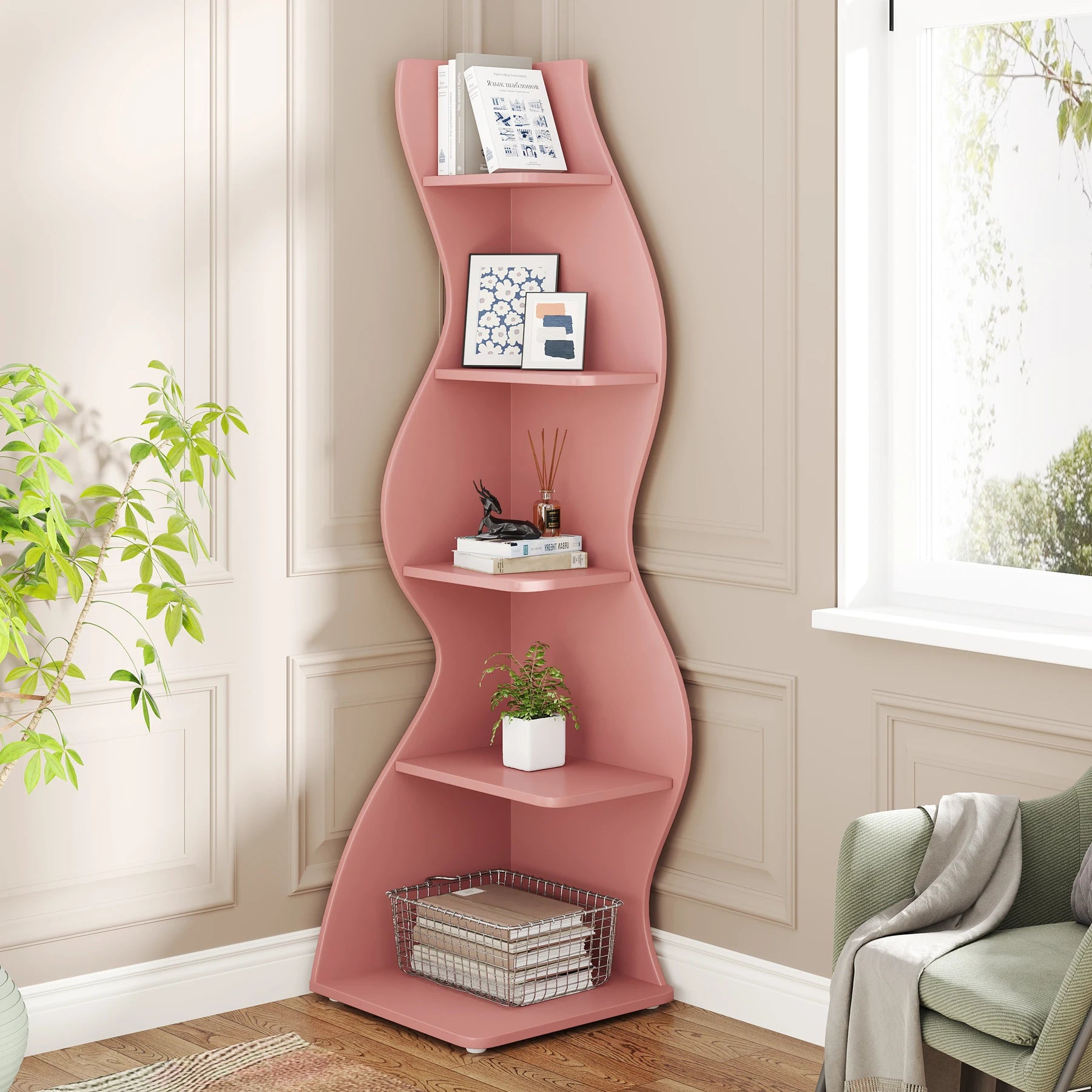 White Wave 5-Tier Corner Bookshelf with Curved Silhouette for Living Room — 65"H Floor Shelf