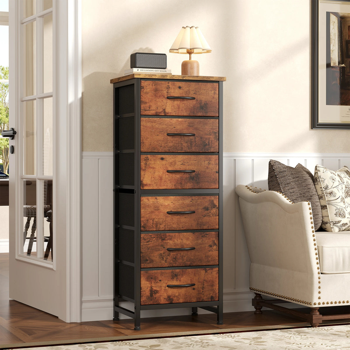 6 drawer dresser - Tall 6 Fabric Drawer Dresser for Bedroom Wood Top and Metal Frame