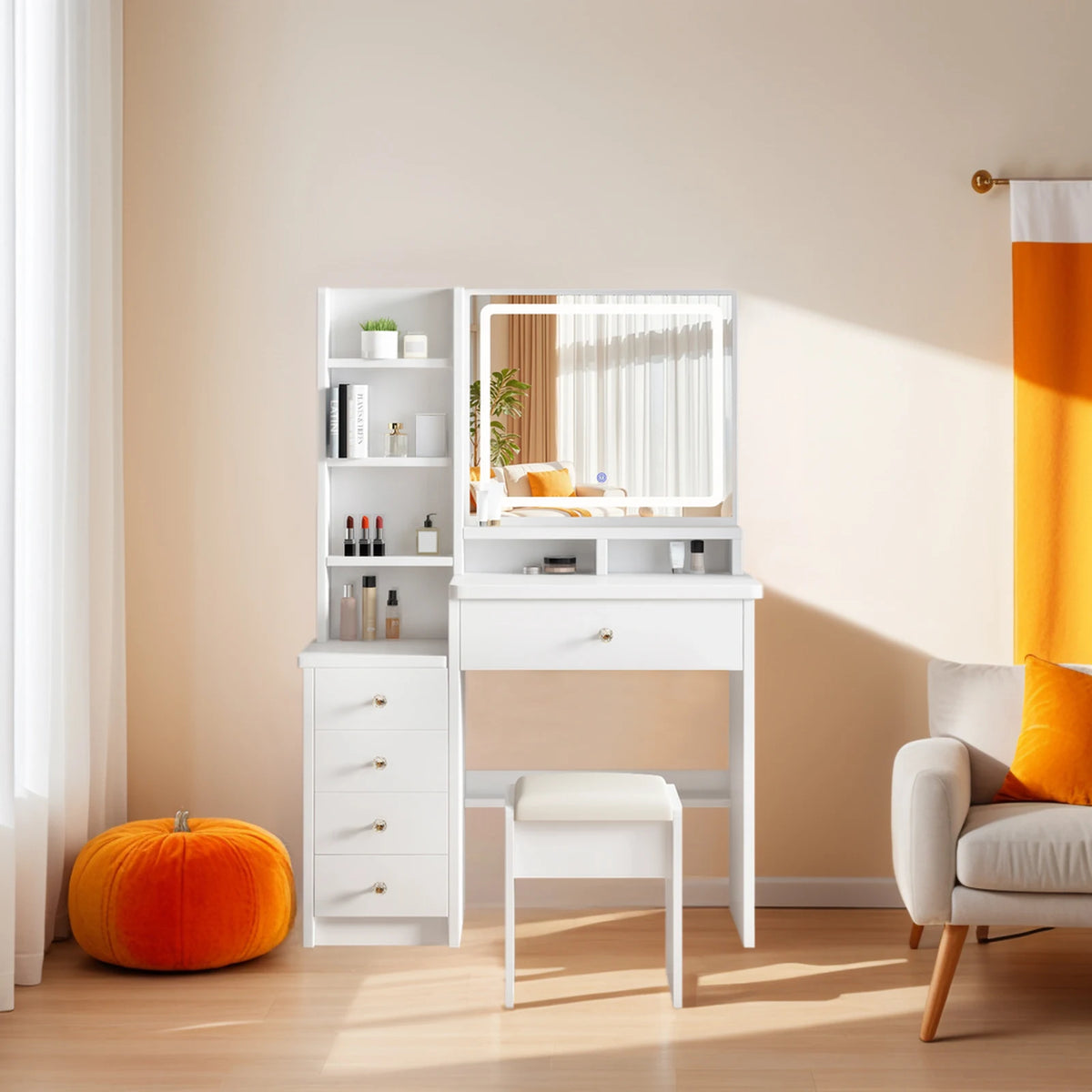 Makeup Vanity Desk with Mirror, Lights, Drawers, Stool and Shelves