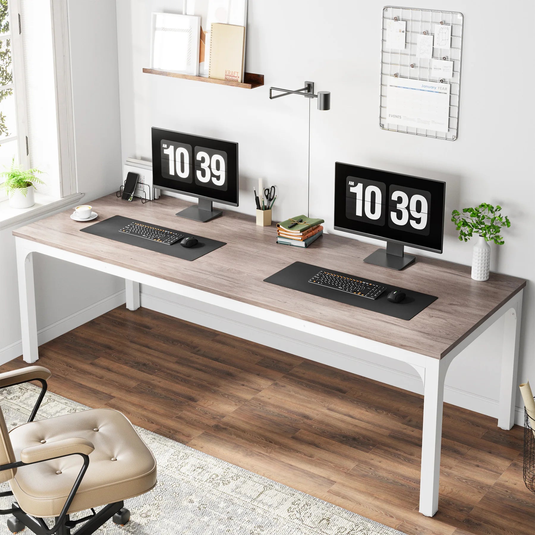 Industrial Wood Computer Desk with Steel Frame for Two-Person Home Office — 78.7"
