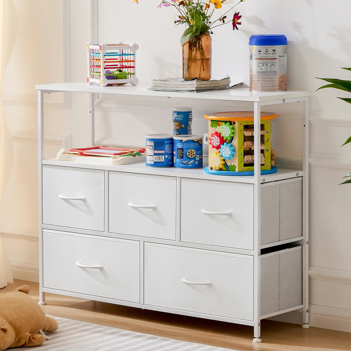 Fireplace TV Stand Dresser For Bedroom With 5 Fabric Drawers Storage Closet Chest