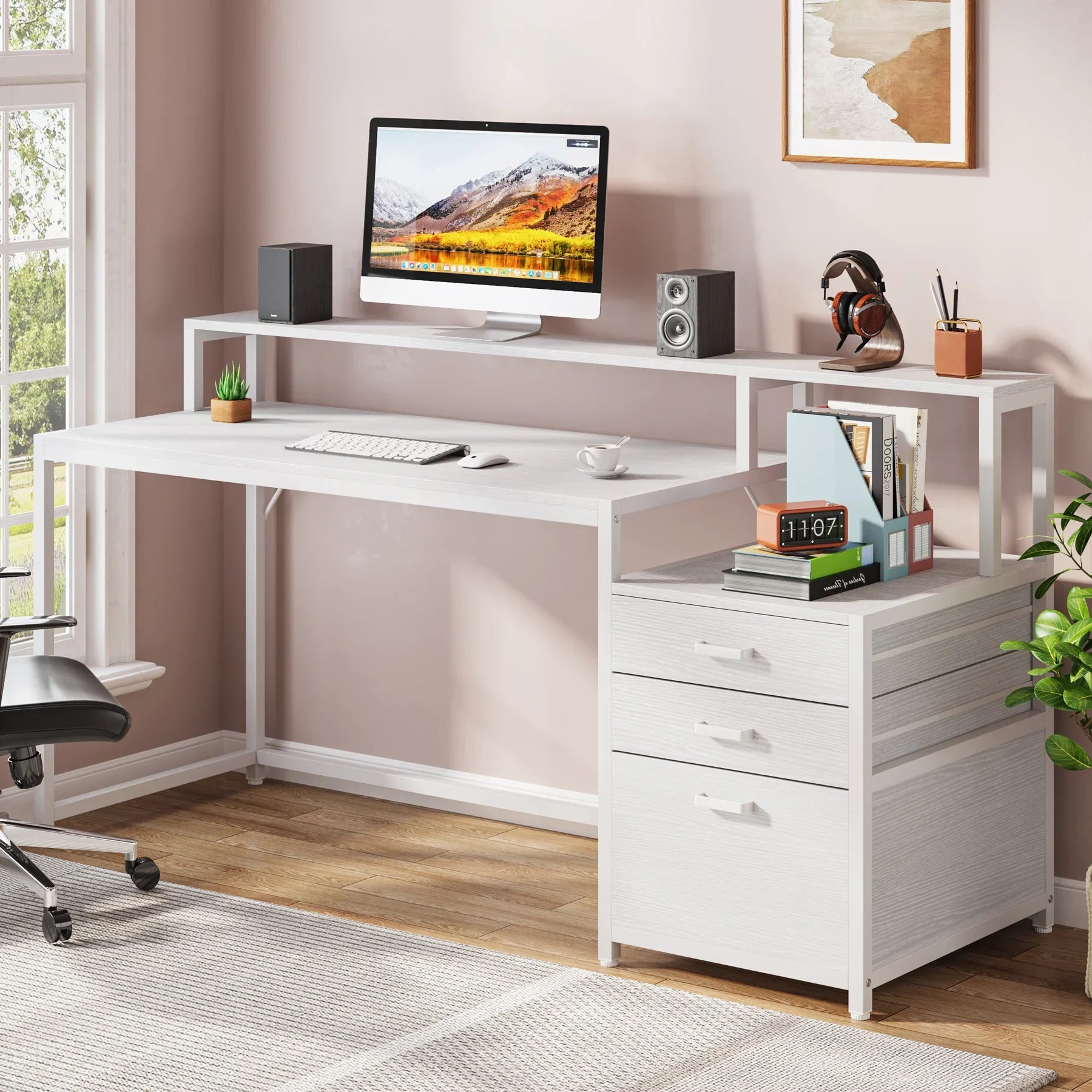 Industrial Computer Desk with File Drawer Cabinet and Monitor Stand for Home Office — 63"