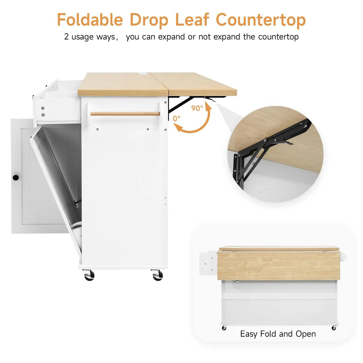Rolling Kitchen Island, 60" Drop Leaf Cart with Power Outlet