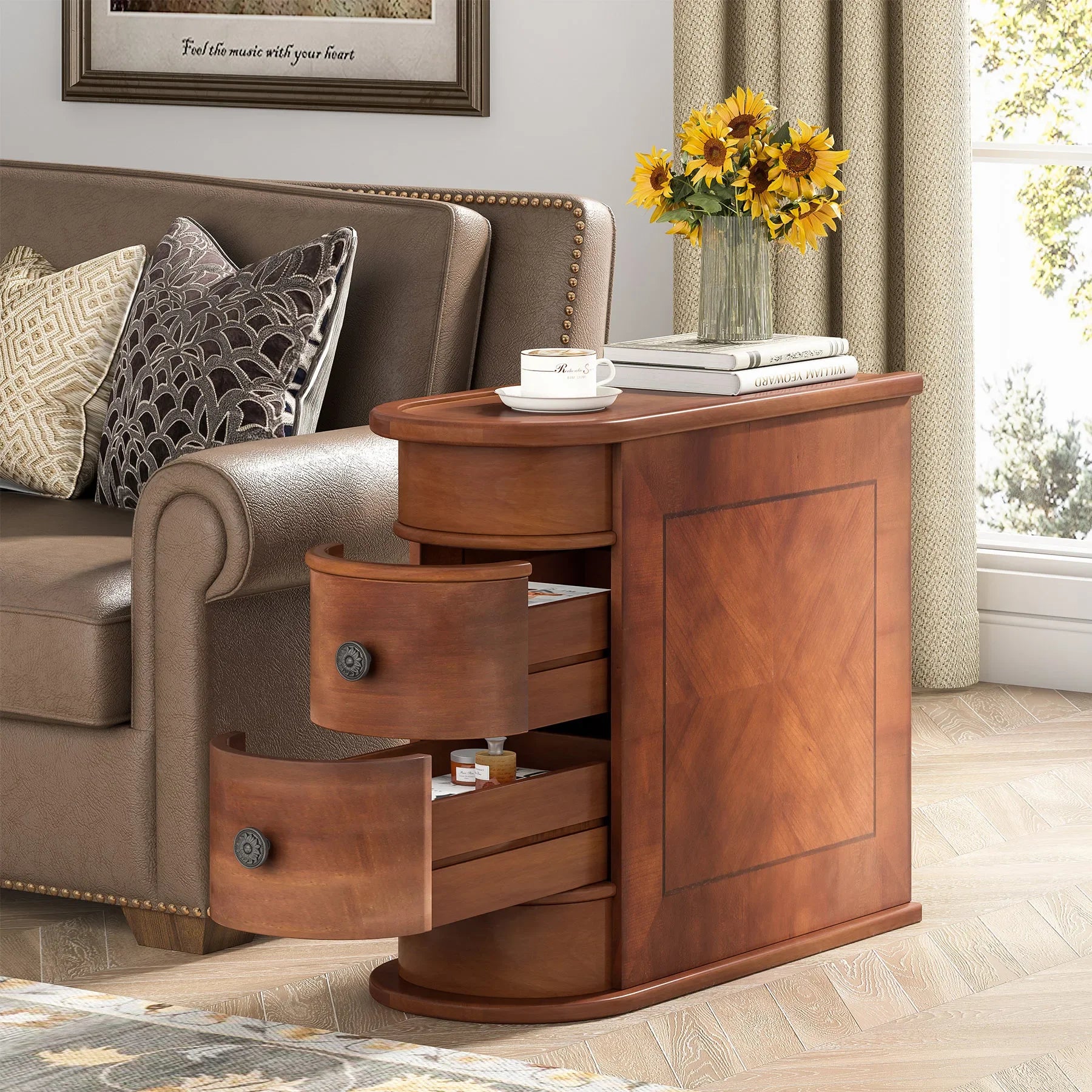 Solid Wood Narrow Side Table Nightstand with 2 Drawers for Living Room — 24" Tall