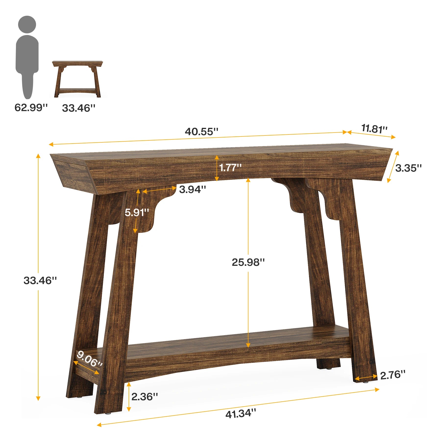 Rustic Wood Console Table with Storage Shelf for Entryway — 41" Narrow