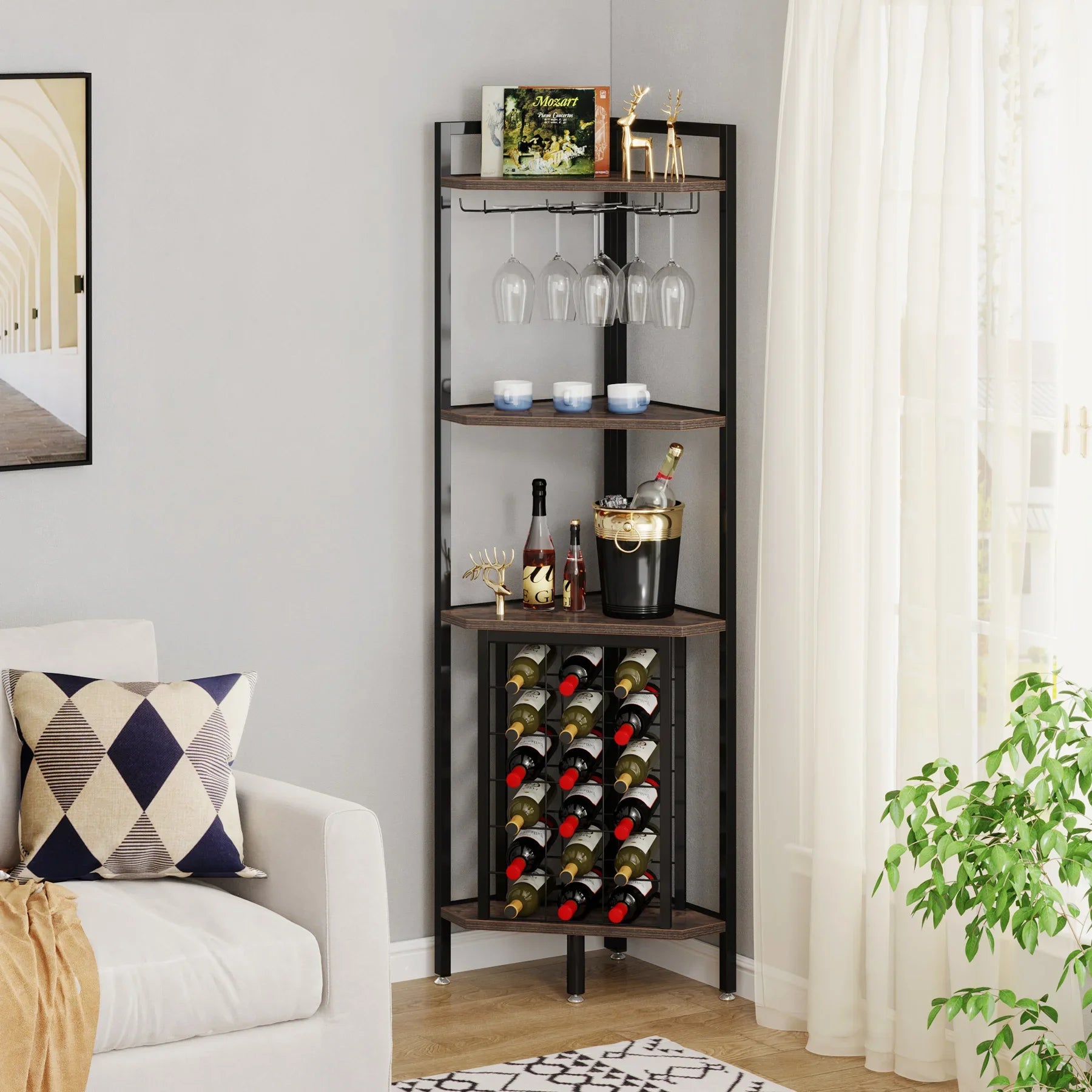 Rustic Corner Wine Rack Bar Cabinet with Glass Holder for Living Room — 63" Tall, 4-Tier