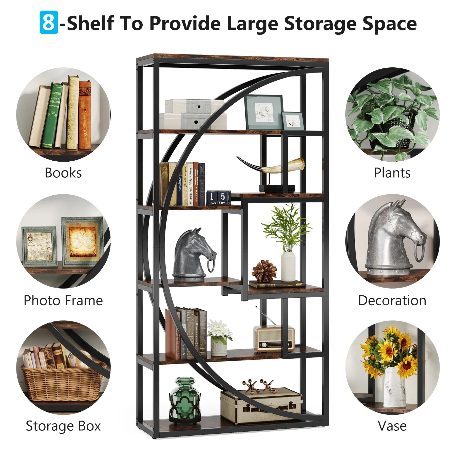Industrial Etagere Bookcase with Curved Arc for Living Room — 71" Tall Freestanding