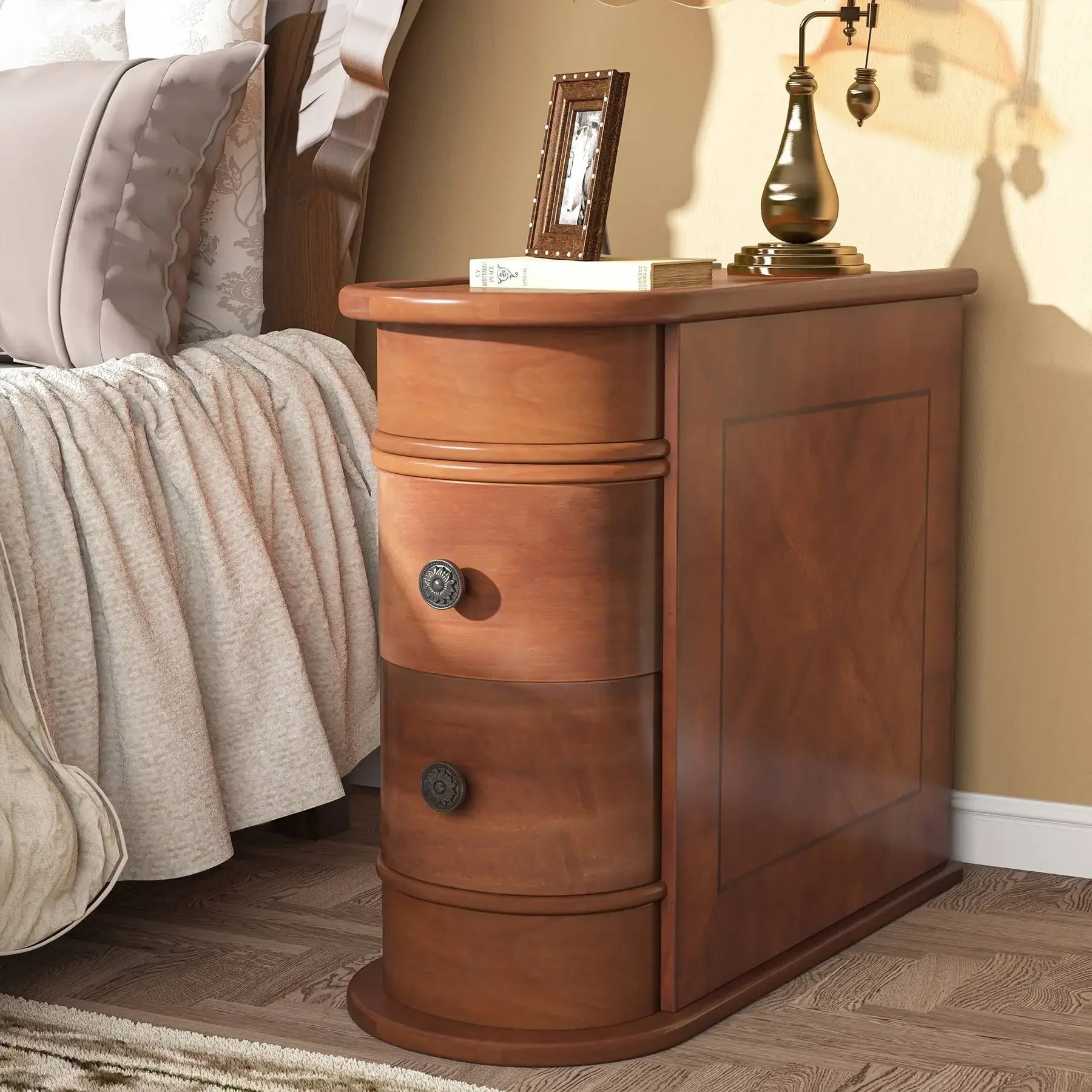 Solid Wood Narrow Side Table Nightstand with 2 Drawers for Living Room — 24" Tall