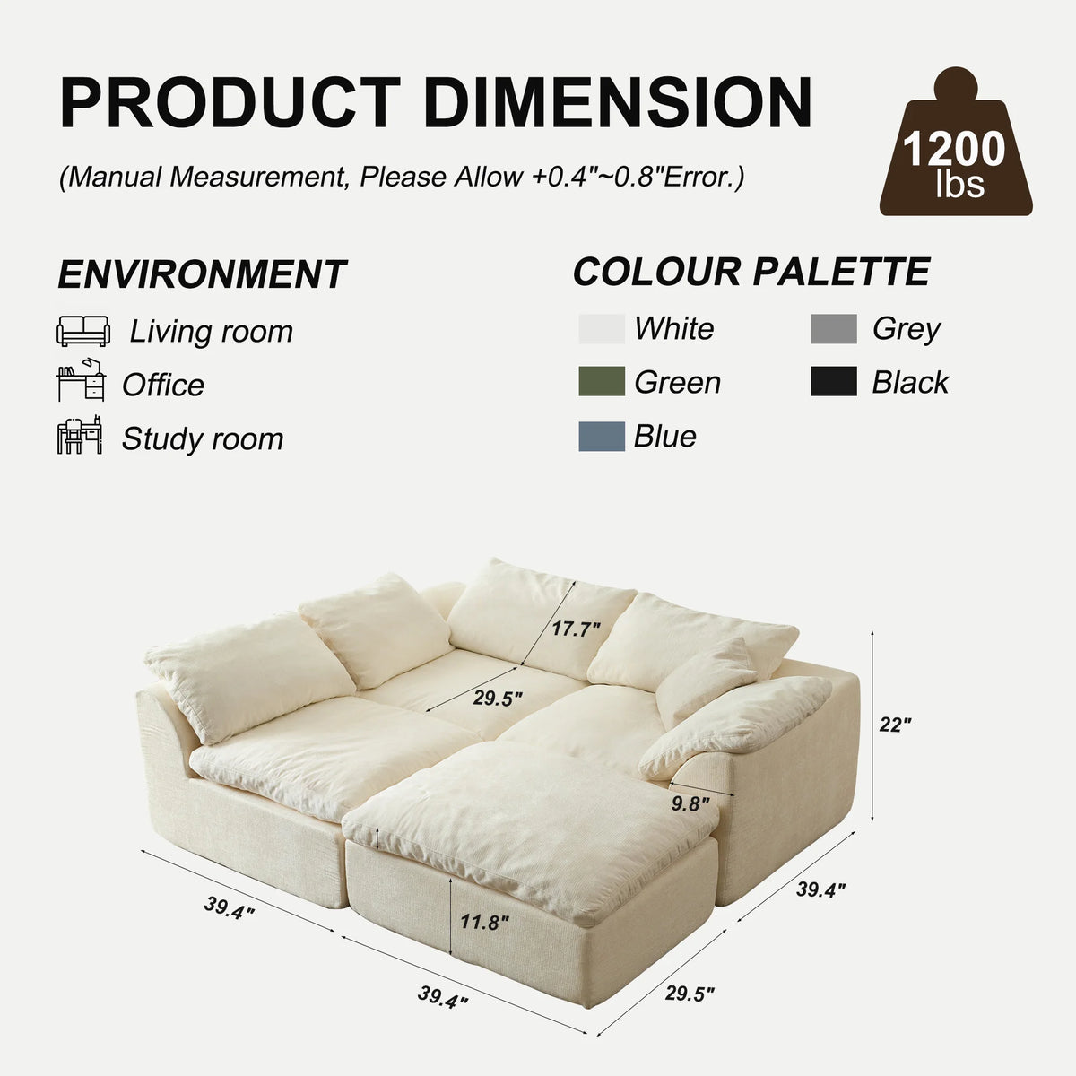 Modern Modular Sectional Sofa Cloud Couch Oversized Deep Seat Comfy Sofa, 108.3" x 68.9" x 27.6"
