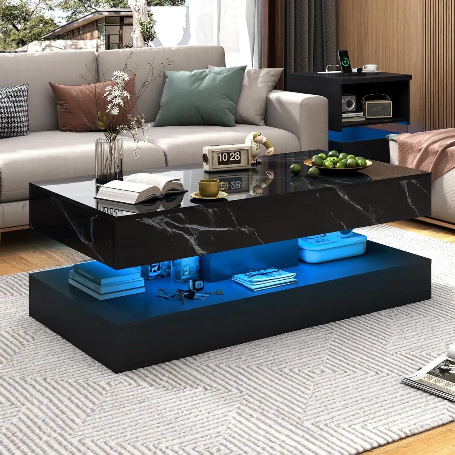 LED Coffee Table with Storage — Modern Faux Marble Coffee Table with Drawers for Living Room