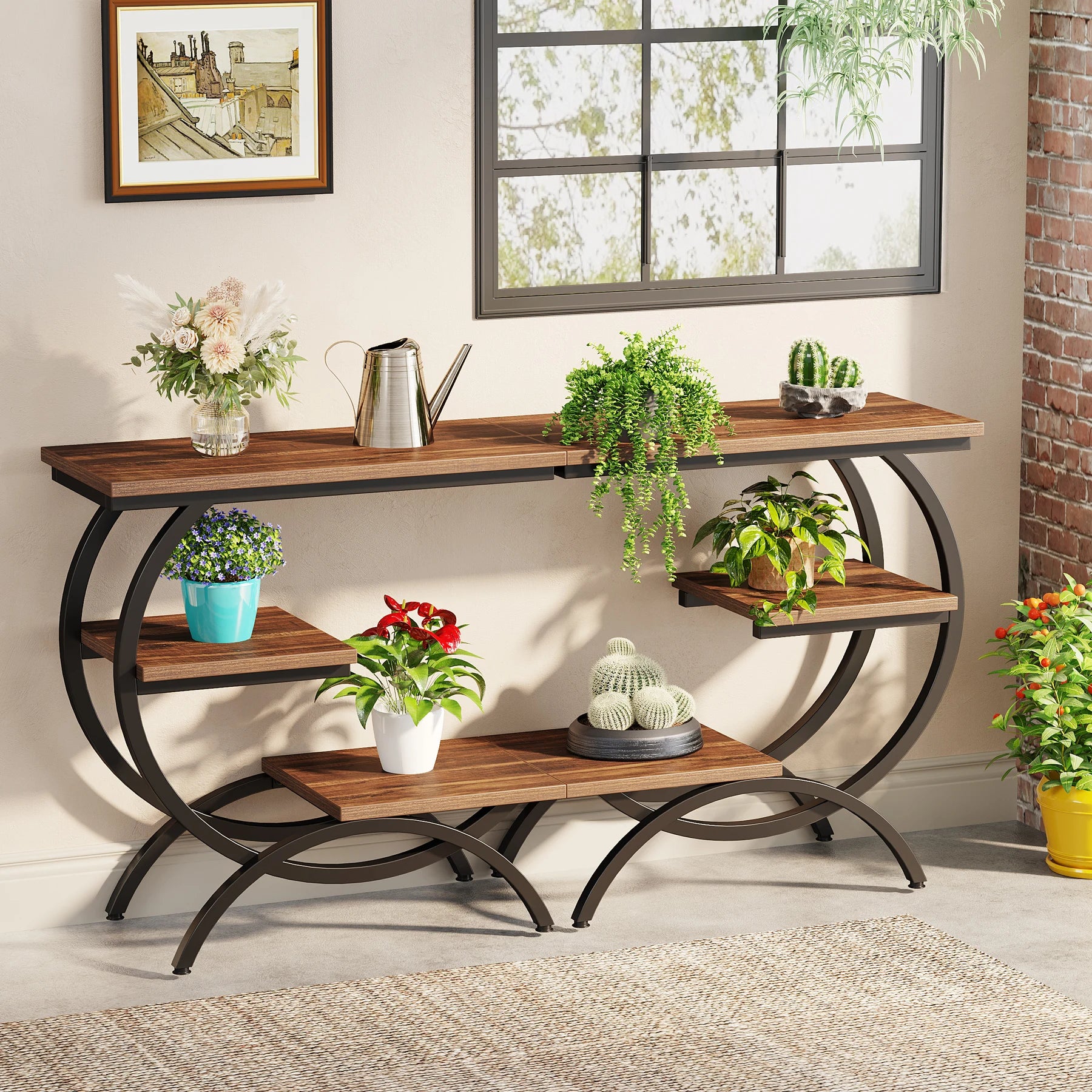 Industrial 3-Tier Side Table with Curved Metal Frame for Living Room — Rustic Brown Wood