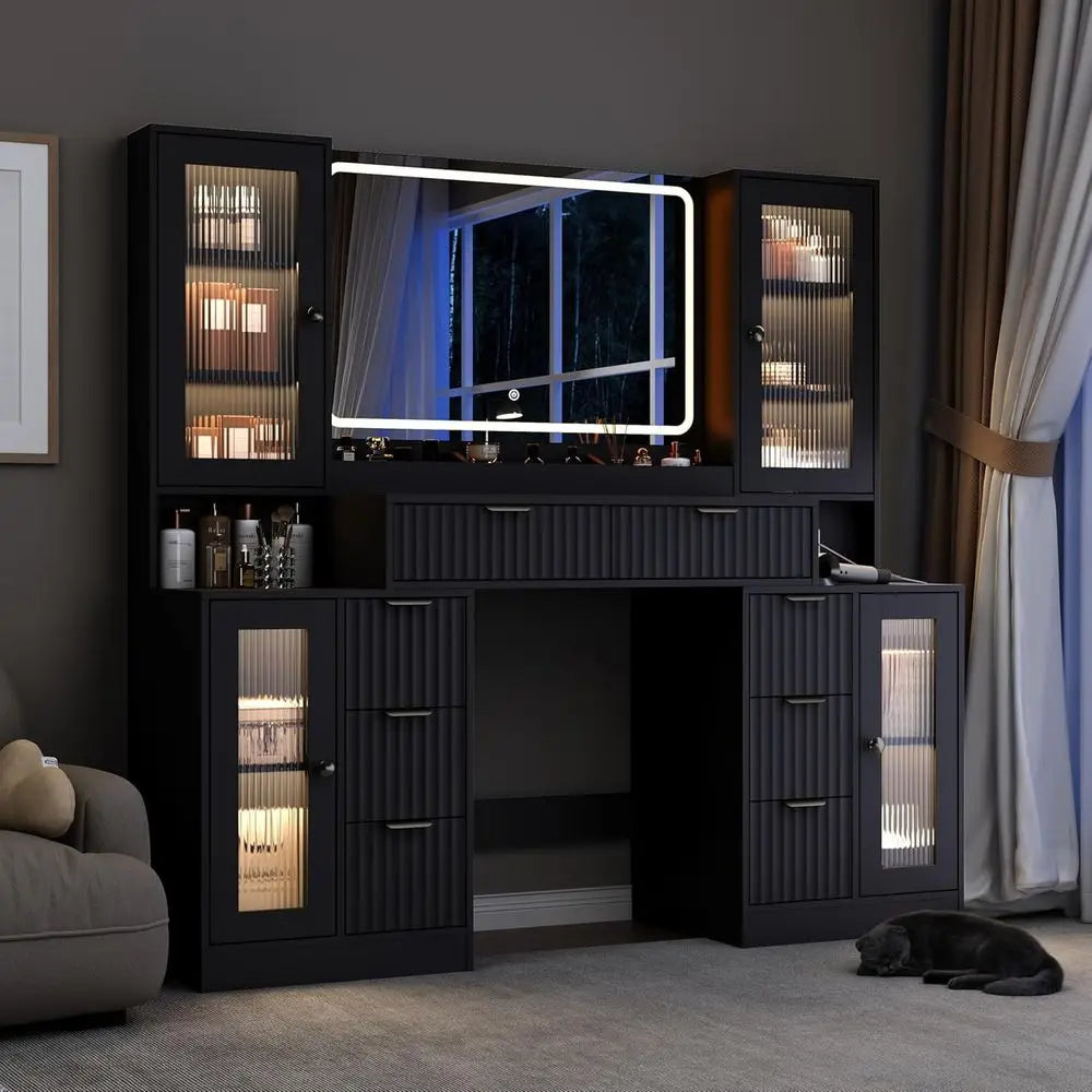 LED Makeup Vanity Desk with Mirror & Charging Station — 8 Drawers, Glass Cabinets, Matte Black