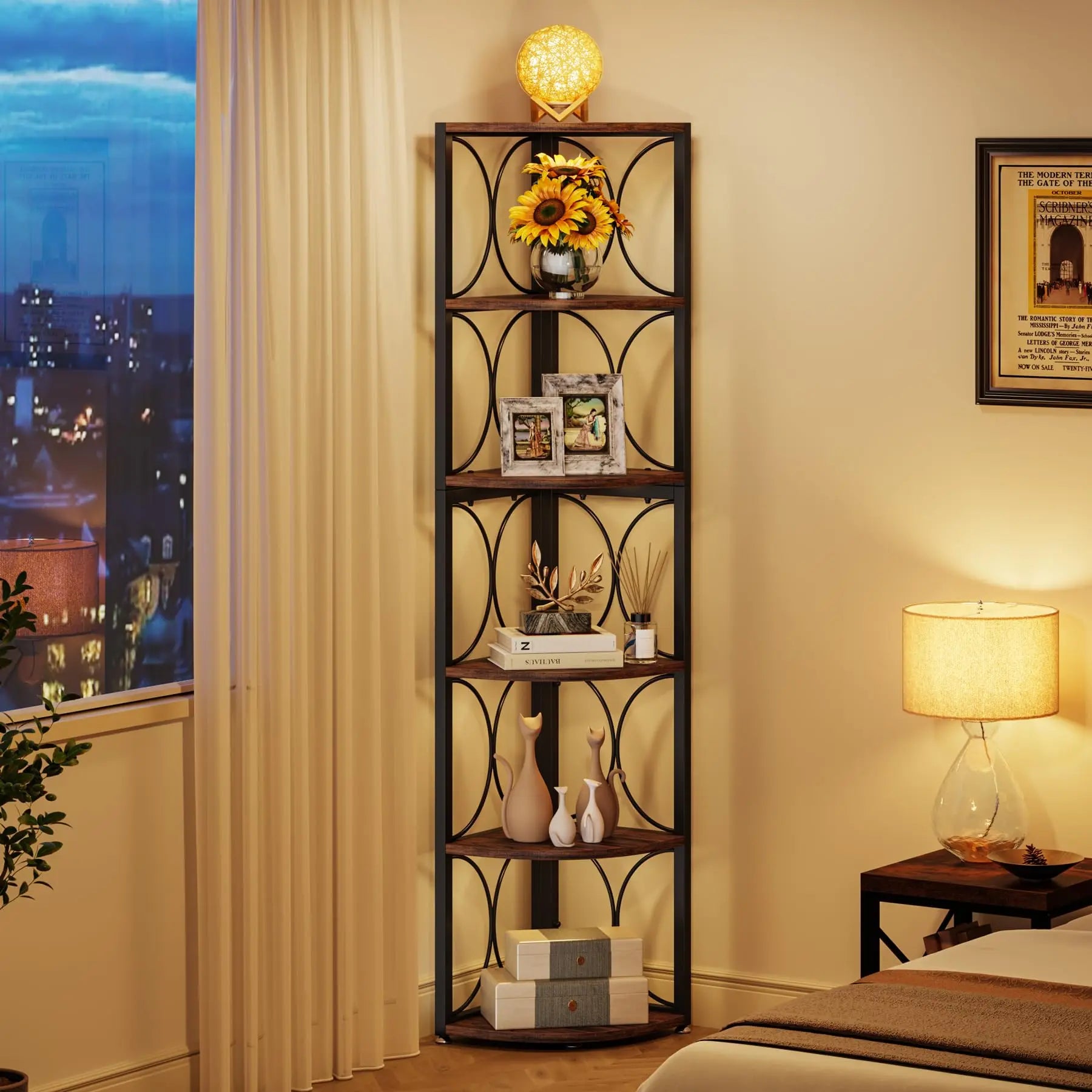 Rustic Corner Shelf with 6 Open Tiers for Living Room — 67in Tall