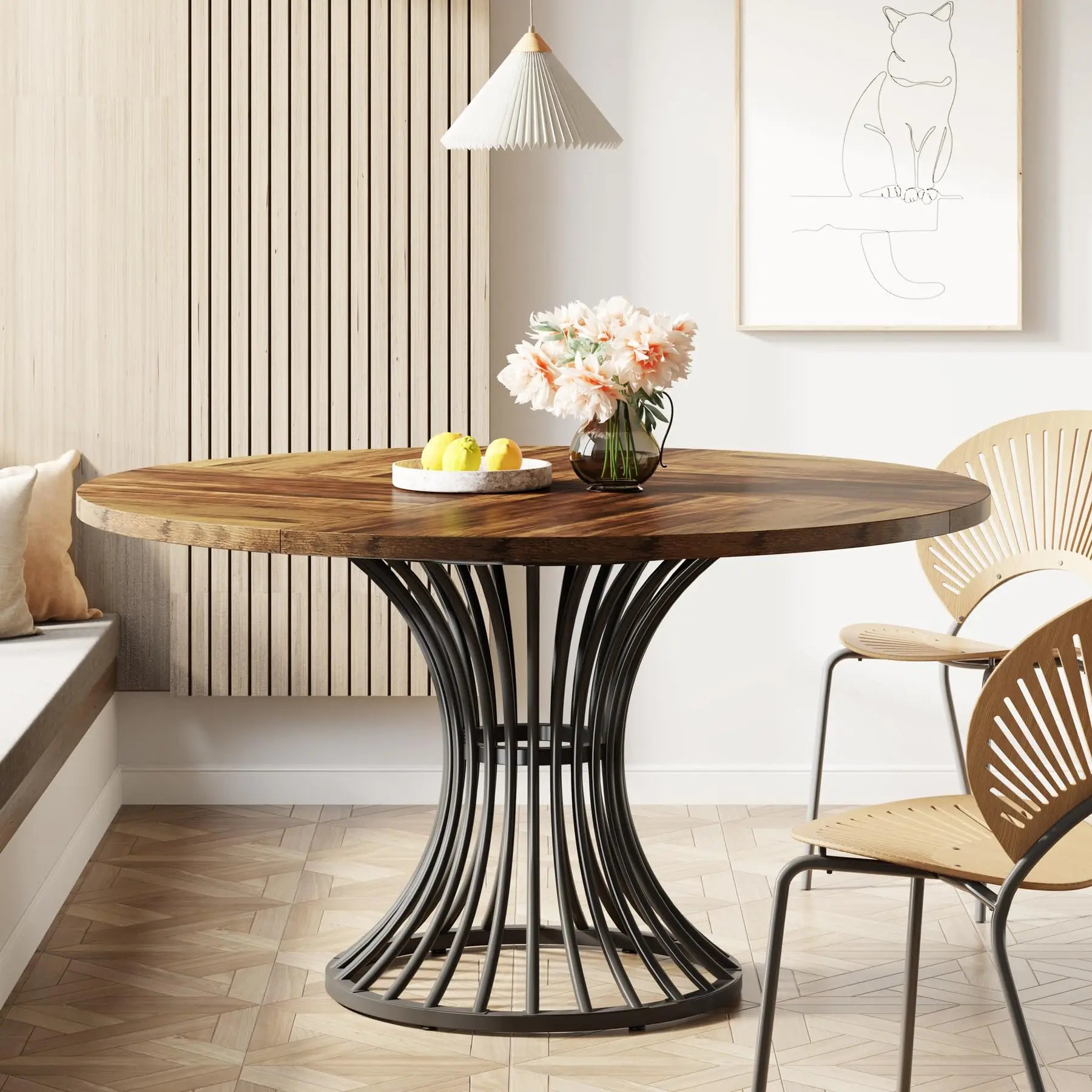 Walnut Round Dining Table with Sculptural Metal Pedestal for 4-6 — 47in
